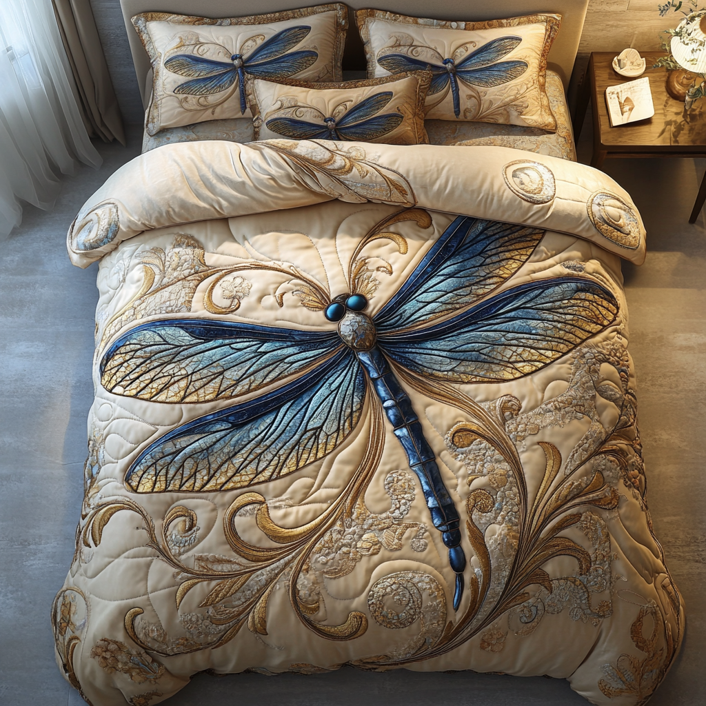 Dragonfly Flight Quilted Bedding Set Cute Boho Comforter Sets Presents For Dragonfly Lovers Women