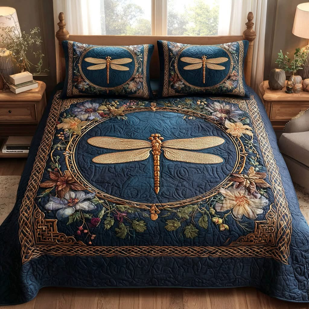 Dragonfly Forest Gleam Quilted Bedding Set Best Dragonfly Themed Gifts For Mom