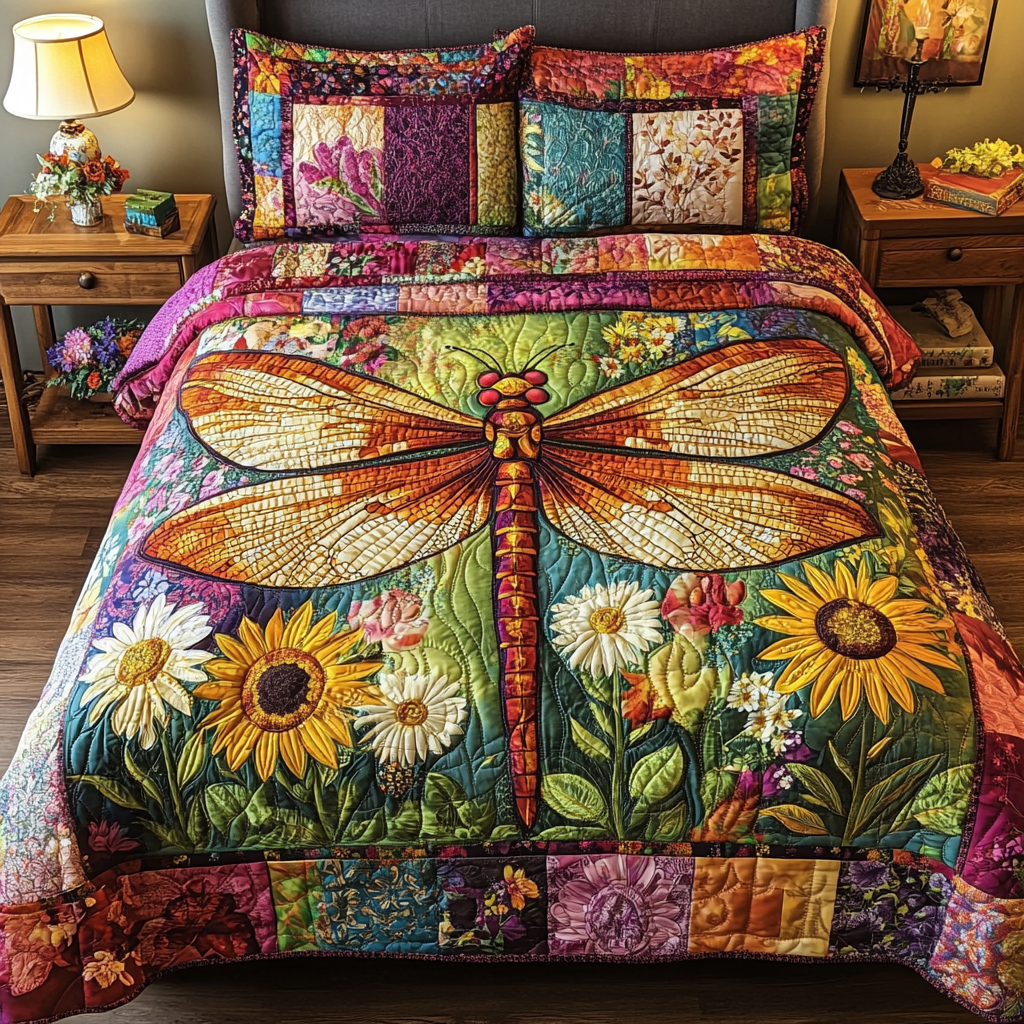 Dragonfly Garden Quilted Bedding Set Unique Bed Sheet Set Gifts For Dragonfly Lovers
