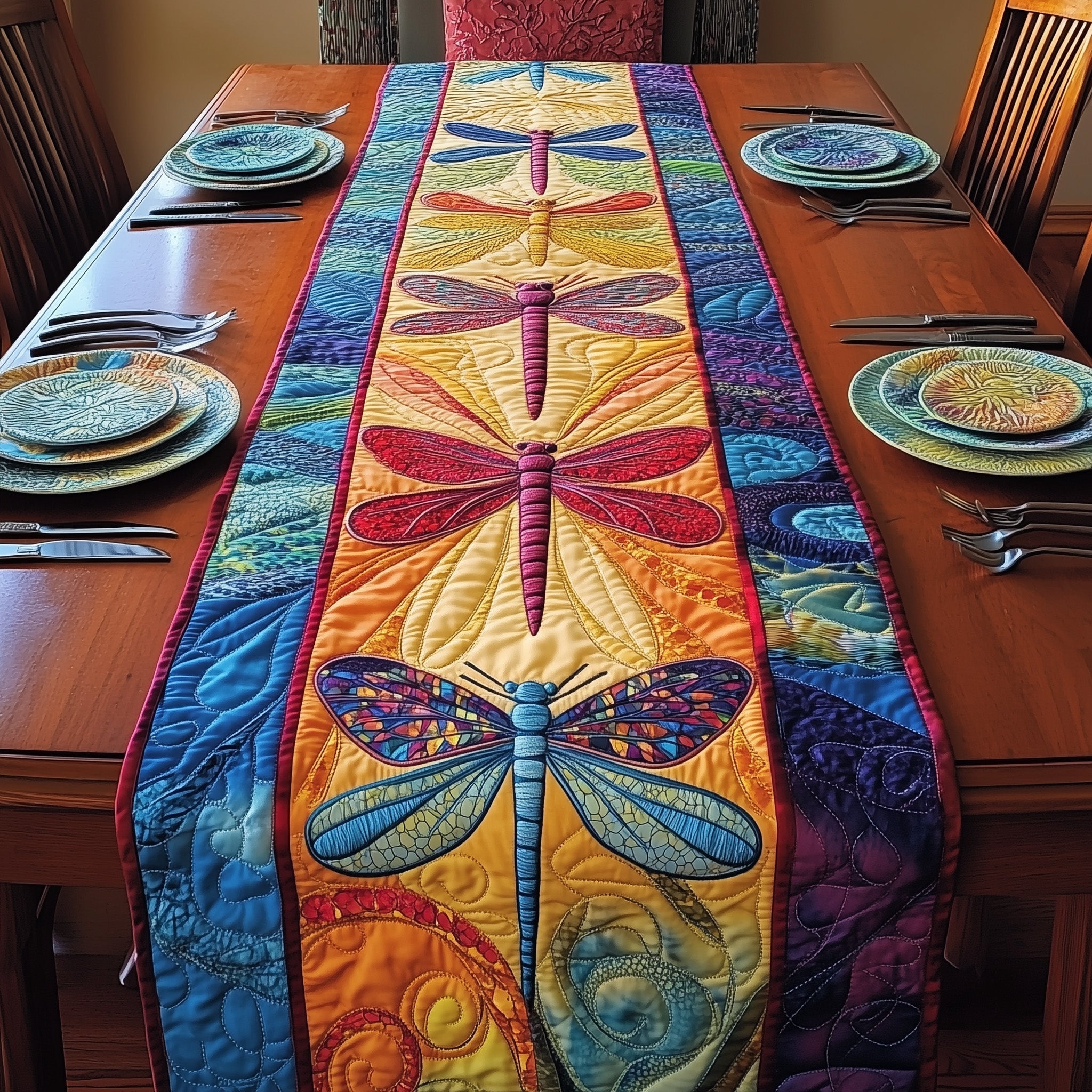 Dragonfly Glow Quilted Table Runner Dining Room Decor Unique Dragonfly Gifts