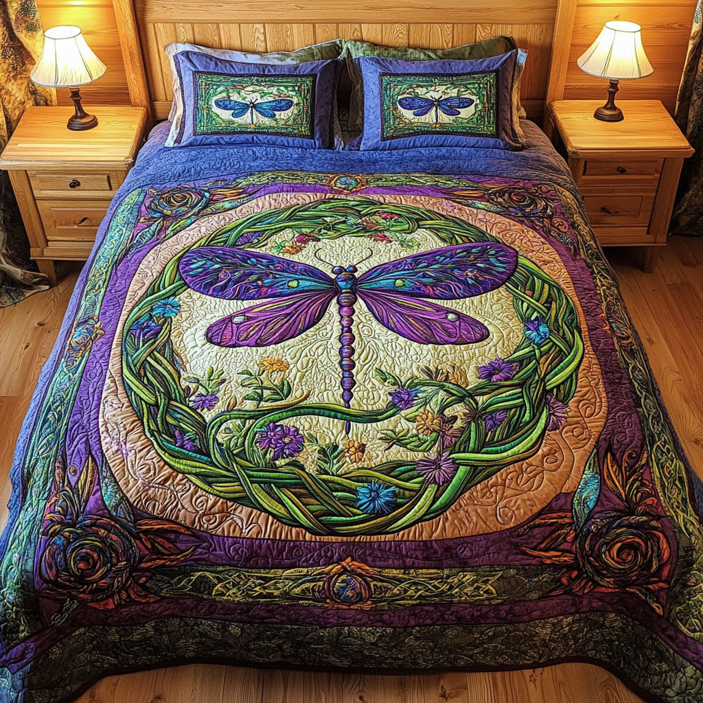 Dragonfly Knotwork Quilted Bedding Set Best King Bedding Sets Birthday Gifts For Dragonfly Lovers