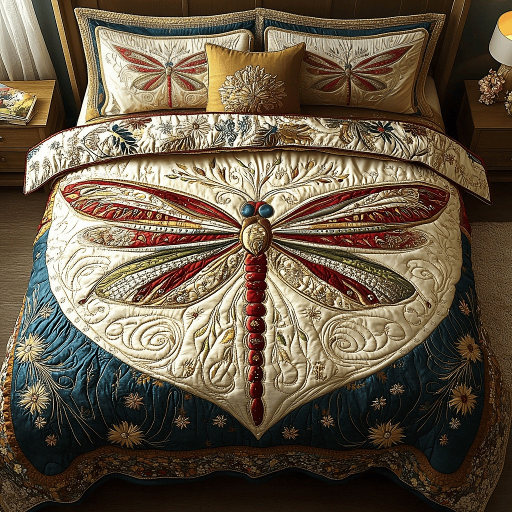 Dragonfly Quilted Bedding Set 3 Piece Comforter Gift For Homeowners
