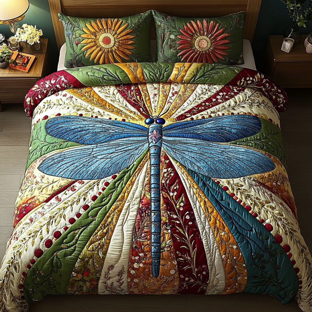 Dragonfly Quilted Bedding Set Nature Dragonfly Sun Floral Comforter Gift for Neighbors