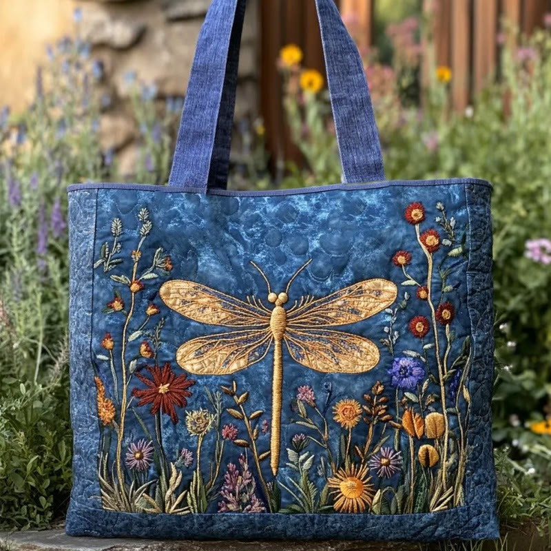 Dragonfly Wildflower Pattern Quilted Tote Bag Eco-friendly Bag For Travel Gift For Men