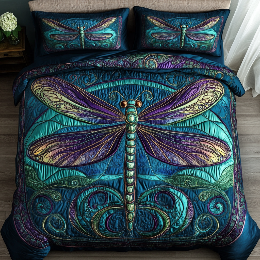 Dragonfly Wings Quilted Bedding Set Unique Bed Sheet Set Great Dragonfly Lover Gift Ideas