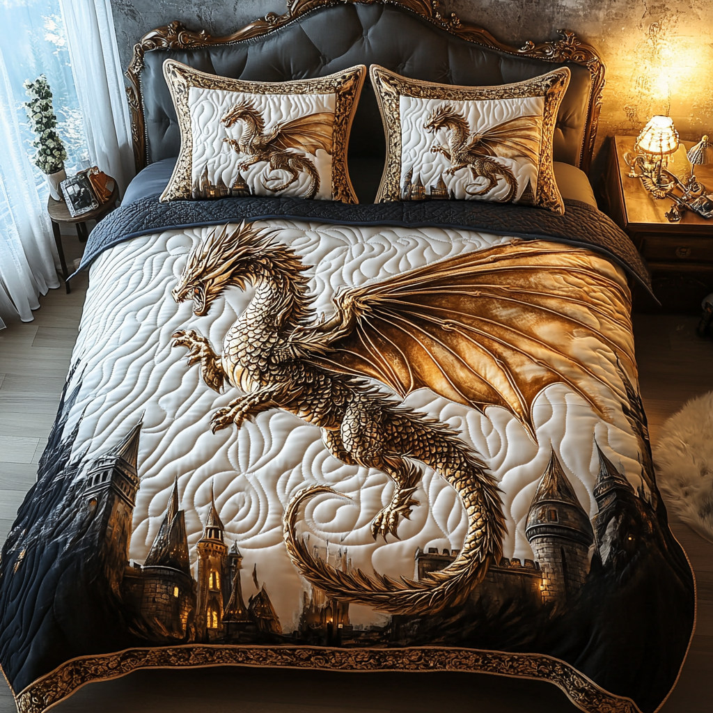 Dragonspire Dreams Quilted Bedding Set Best Bedsheets Unusual Dragon Gifts