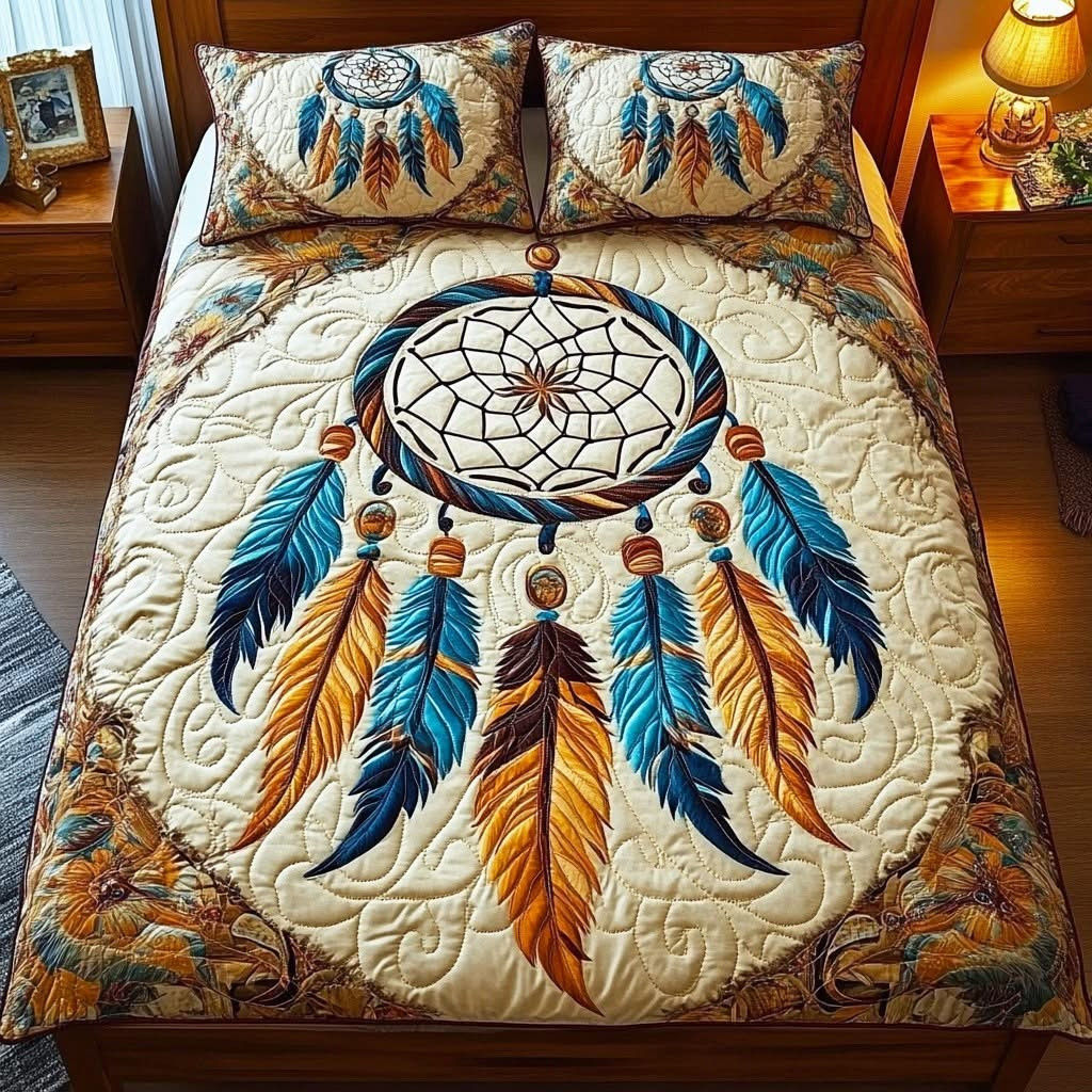 Dreamcatcher Peaceful Feathers Quilted Bedding Set Bed Decor Native American Gifts