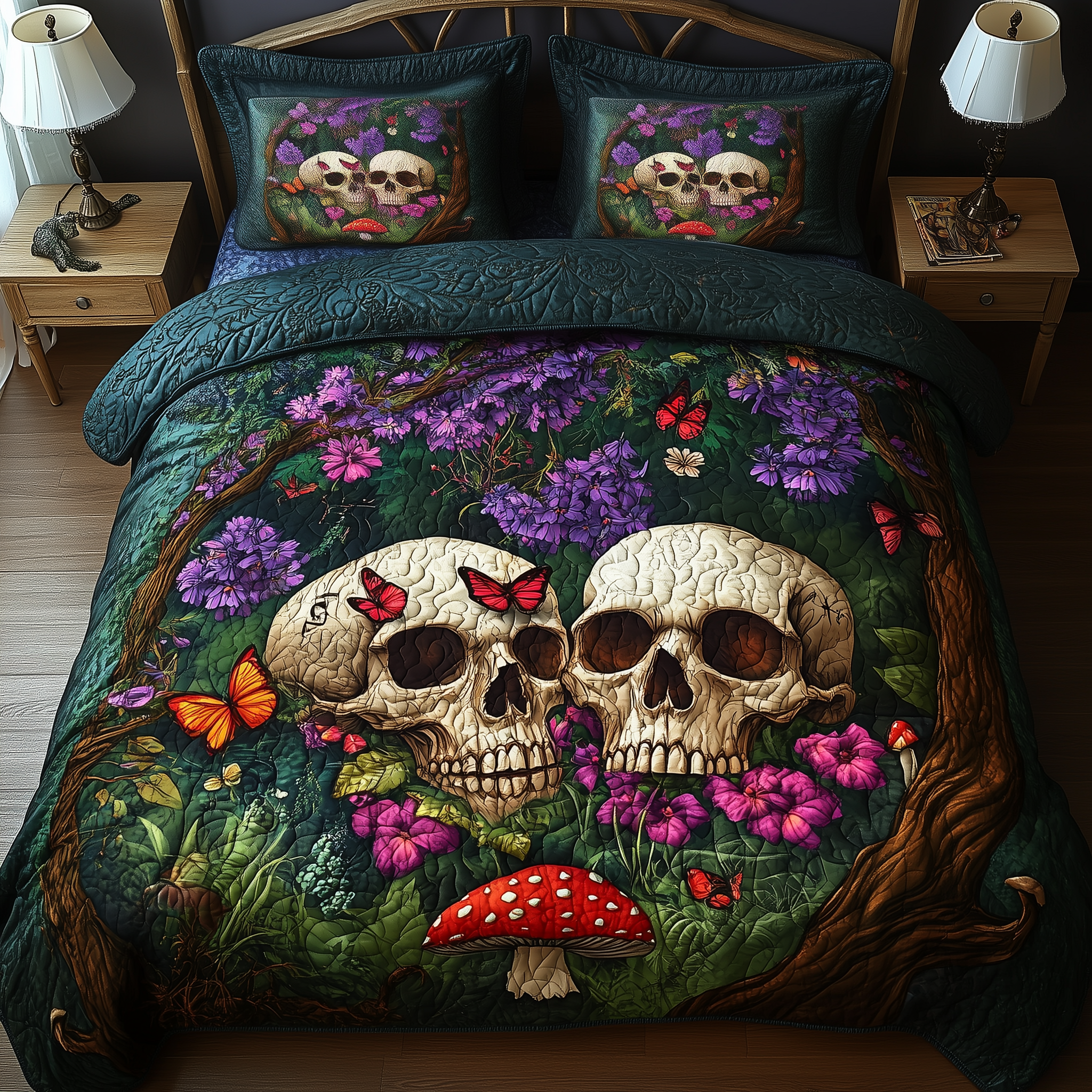 Dreamland Couple Skull Quilted Bedding Set Good Bed Sheet Sets Cute Skull Gifts