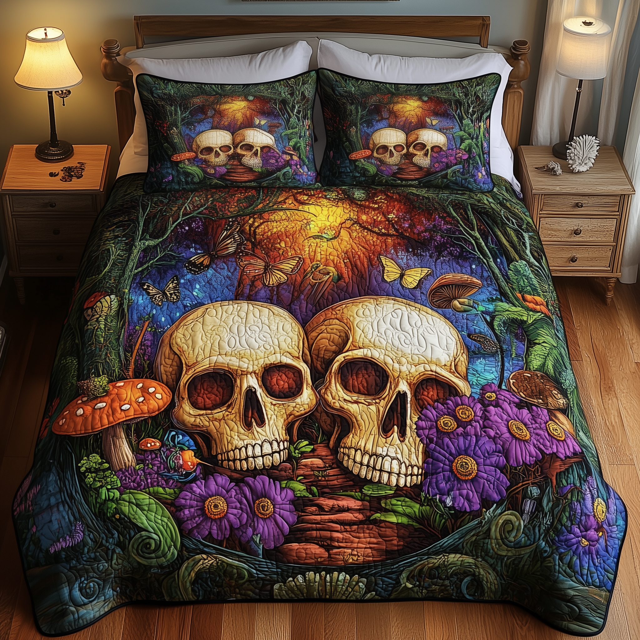 Dreamland Couple Skull Quilted Bedding Set Good Sheet Sets Unusual Skull Gifts