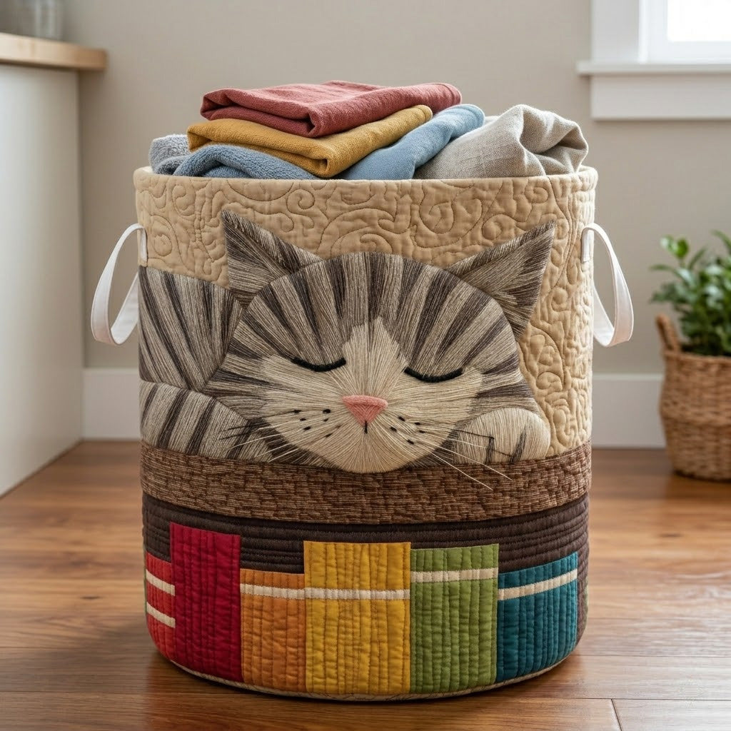 Dreamy Tabby Quilted Laundry Basket Unique Laundry Hamper Cool Gifts For Cat Owners