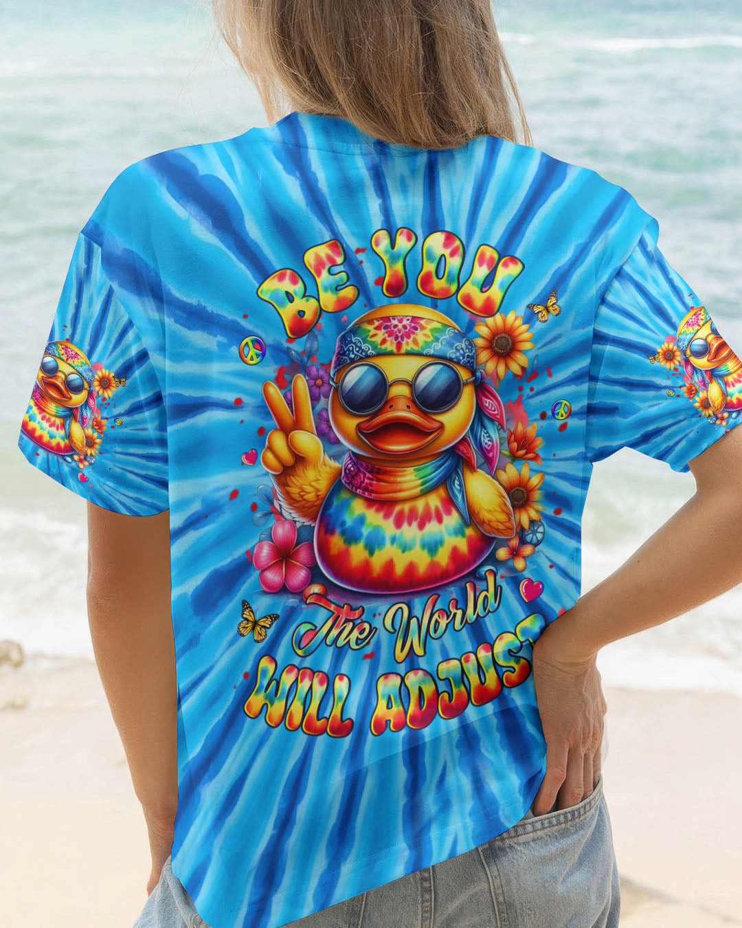 Duck Be You The World Will Adjust T-Shirt Colorful Tie Dye Duck With Peace Sign Tee Gift Ideas - Image 2