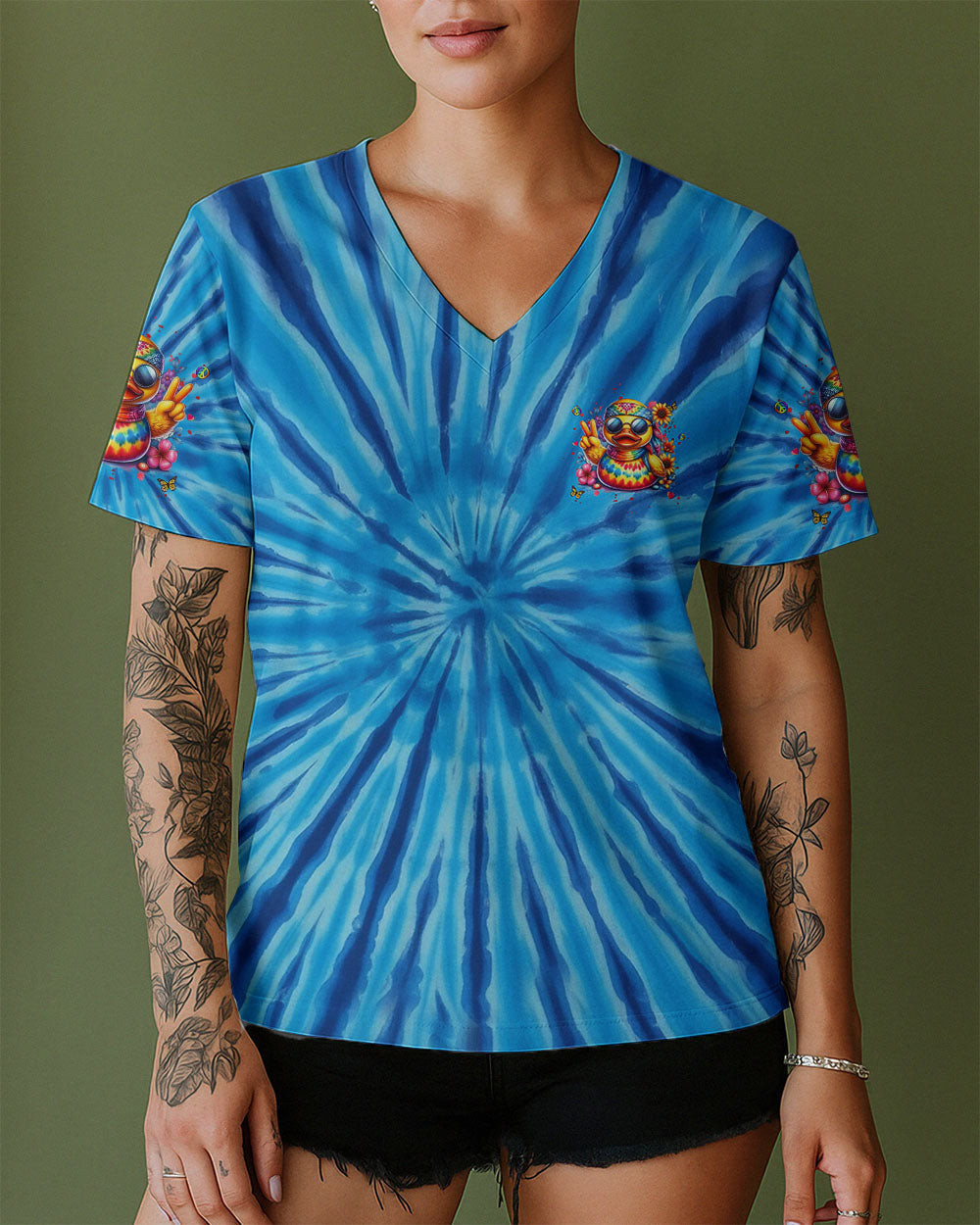 Duck Be You The World Will Adjust V-Neck Shirt Colorful Tie Dye Duck With Peace Sign Gift Ideas