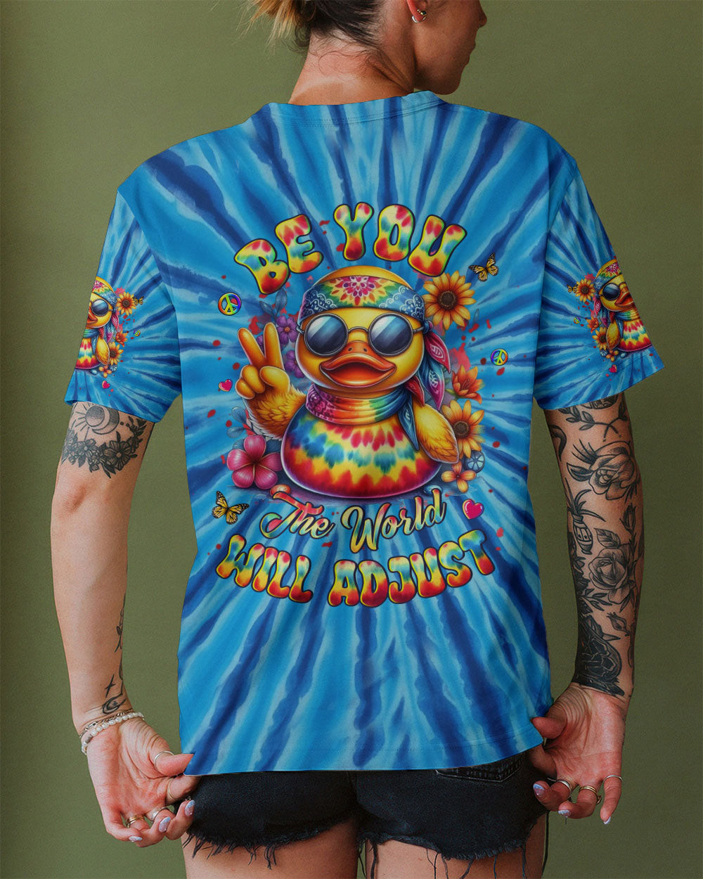 Duck Be You The World Will Adjust V-Neck Shirt Colorful Tie Dye Duck With Peace Sign Gift Ideas - Image 2