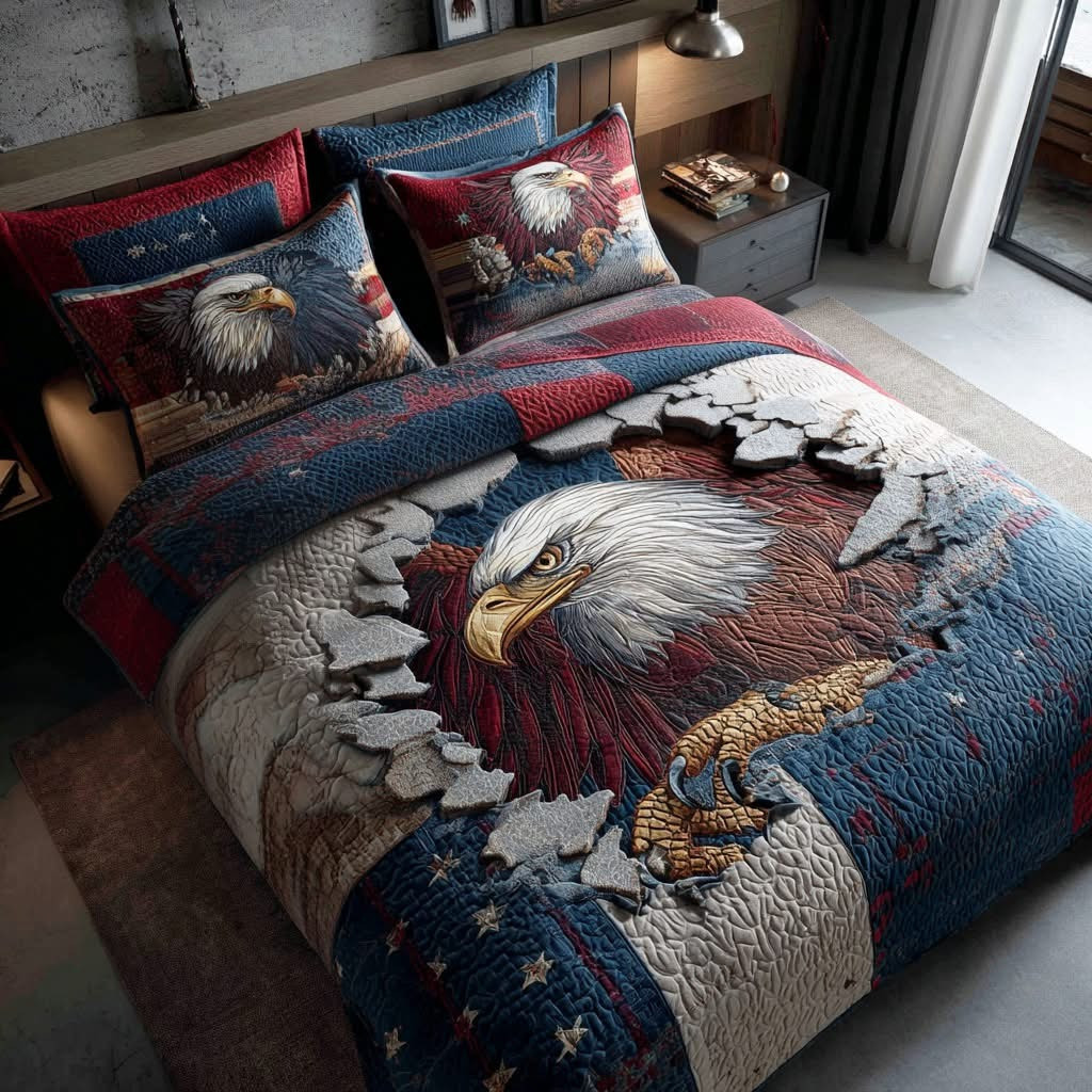 Eagle Spirit Quilted Bedding Set Patriotic 4th Of July Bedroom Decor Gifts For Dad