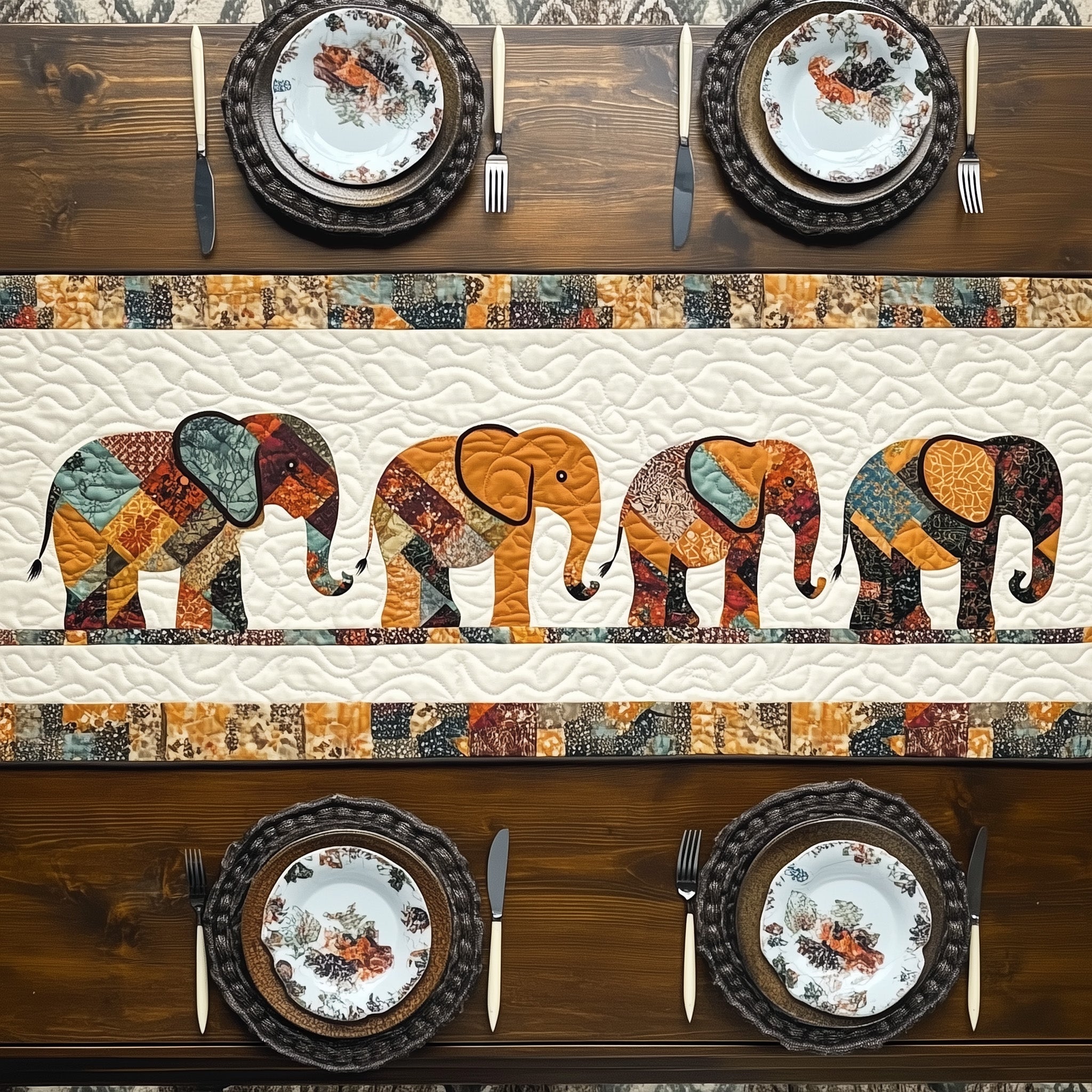 Earthen Spirit Elephant Quilted Table Runner Holiday Runner Dining Gift Items For Elephant Lovers