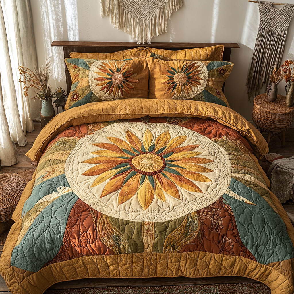 Earthy Sunrise Quilted Bedding Set Unusual Bed Sheets Father's Day Gifts For Grandpa