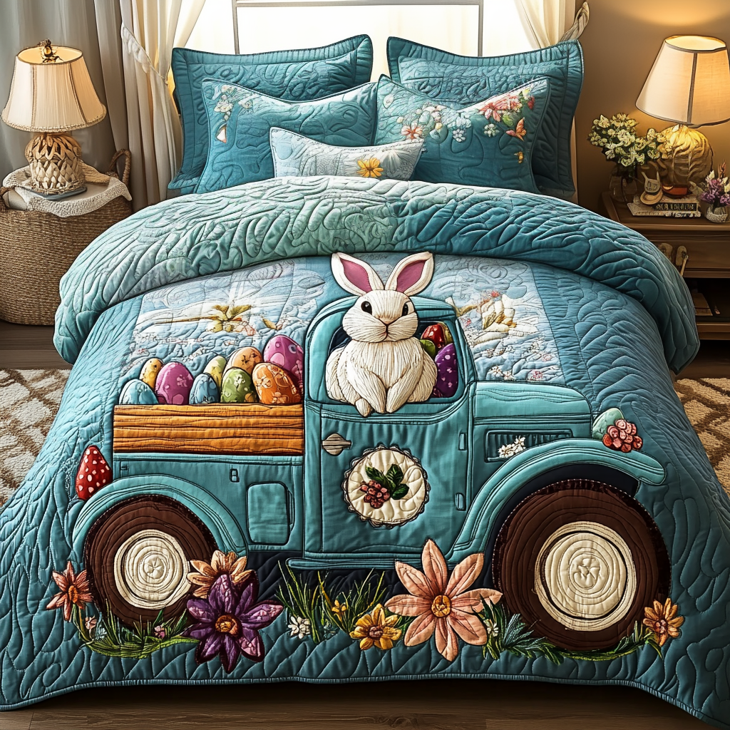 Easter Bunny Journey Quilted Bedding Set Bed Decorations Cute Easter Gift Items