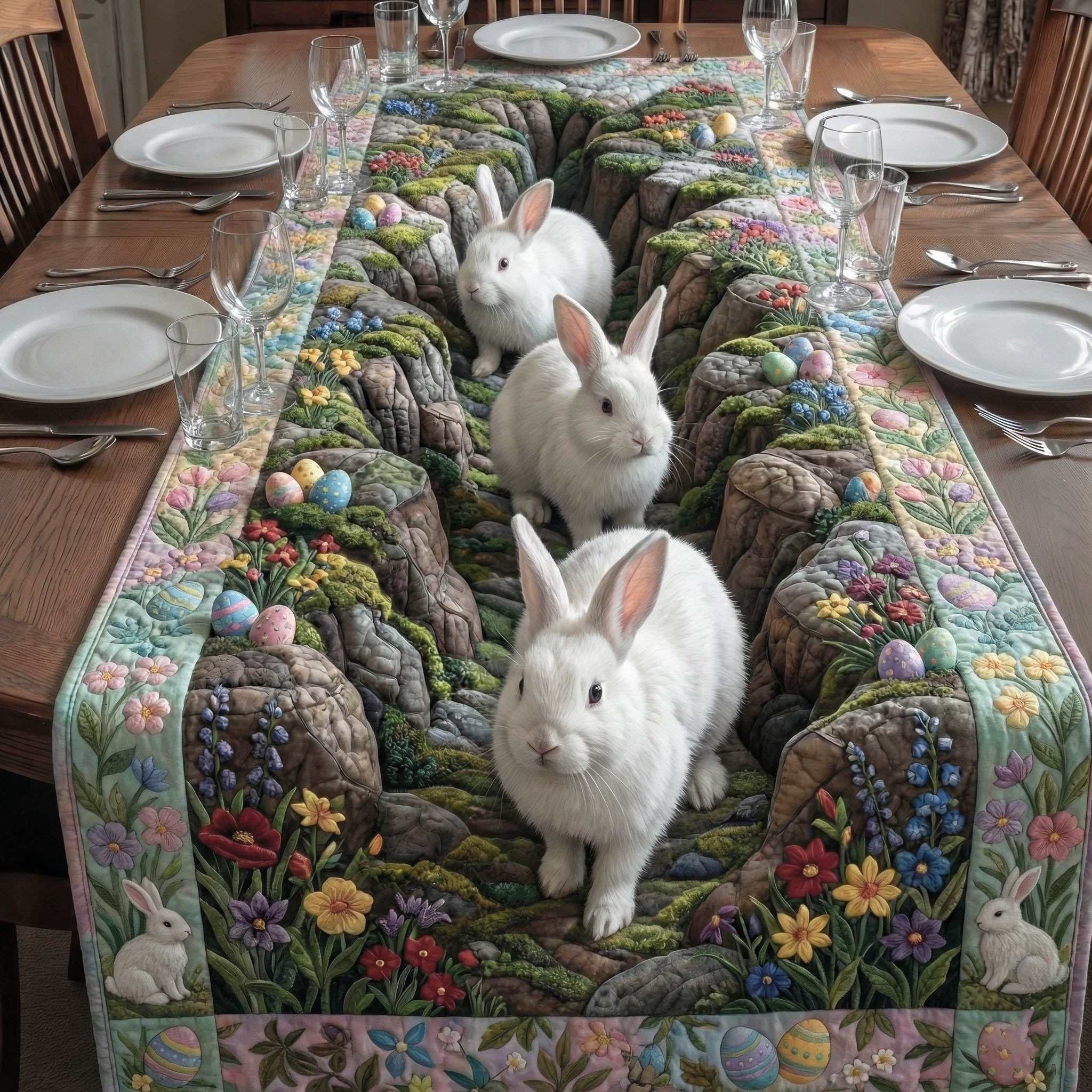 Easter Bunny Quilted Table Runner Easter Dinner Decor Best Gifts For Rabbit Lovers