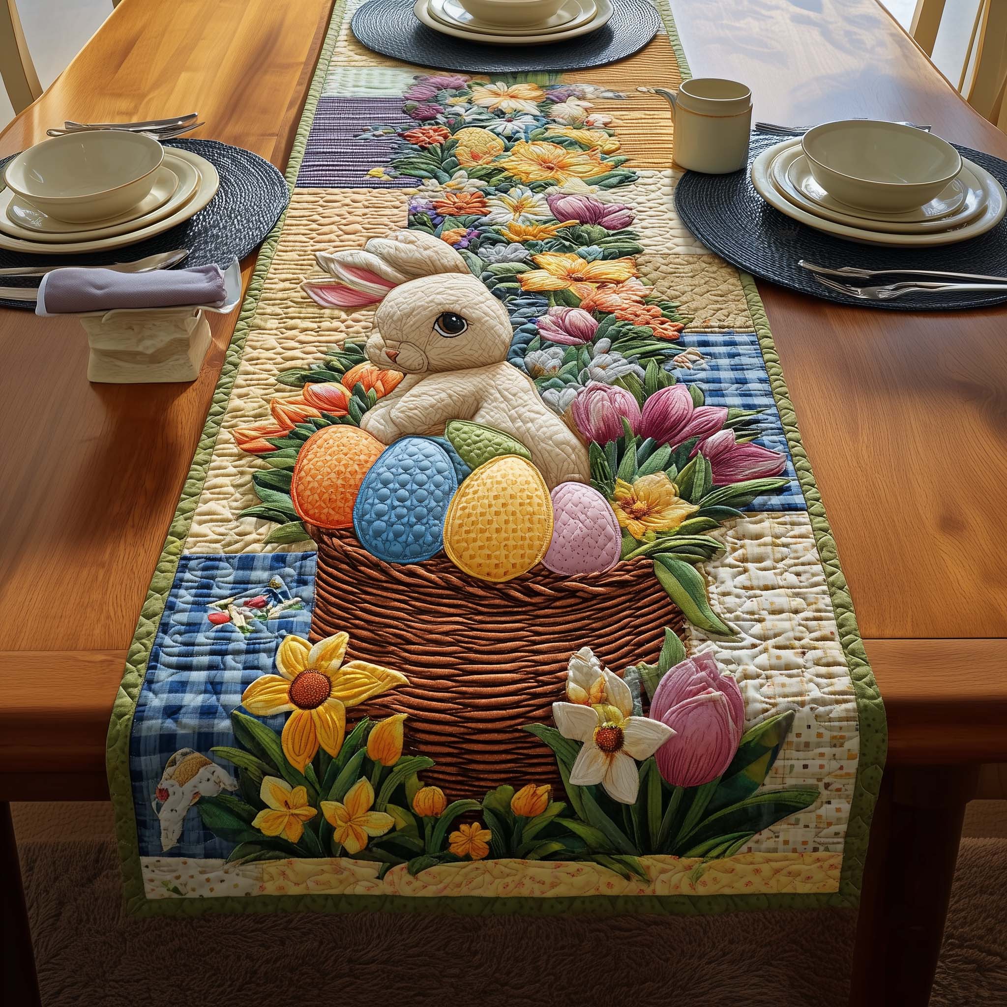 Easter Bunny Quilted Table Runner Happy Easter Table Runner Rabbit Presents