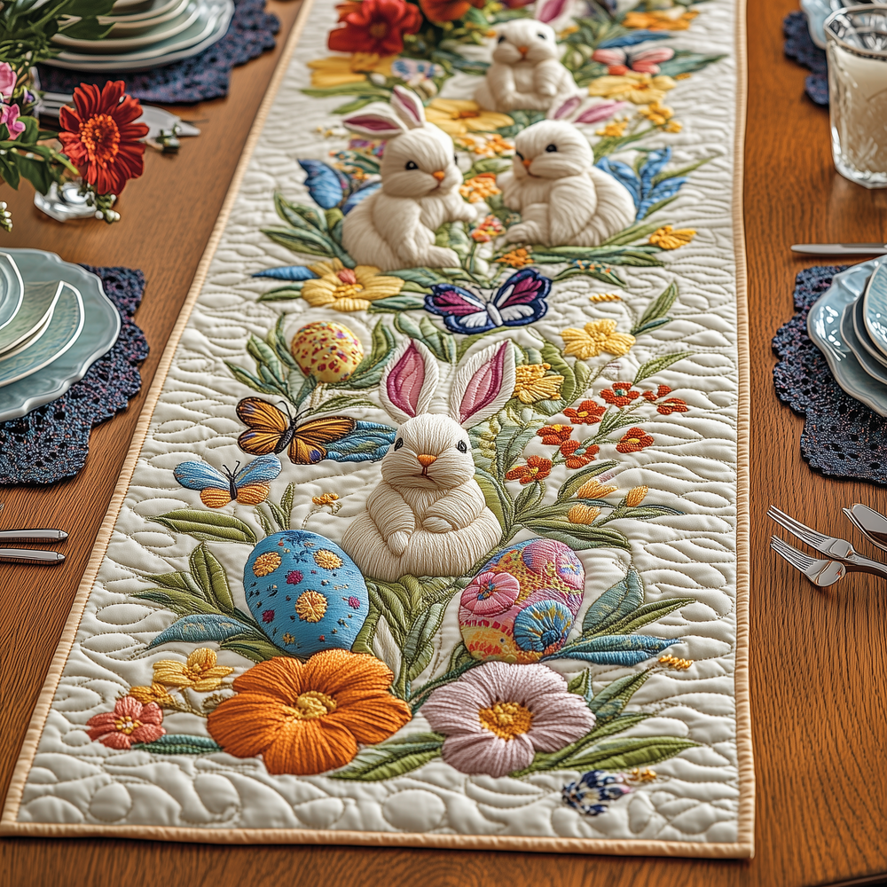 Easter Day Bunny Charm Quilted Table Runner Holiday Dining Table Decor Best Easter Gifts