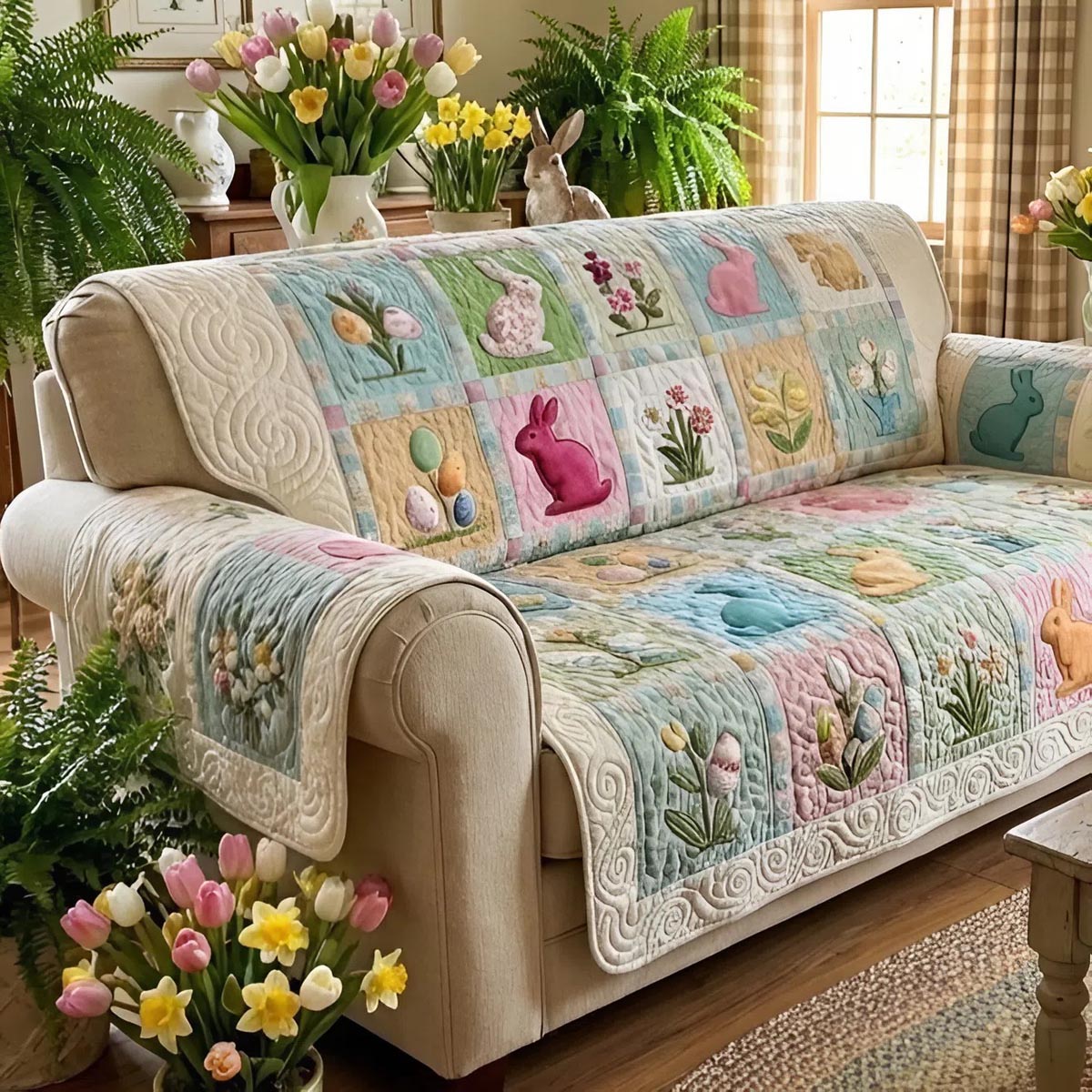 Easter Meadow Quilted Sofa Cover Furniture Slipcovers For Sofas Easter Gifts For Women