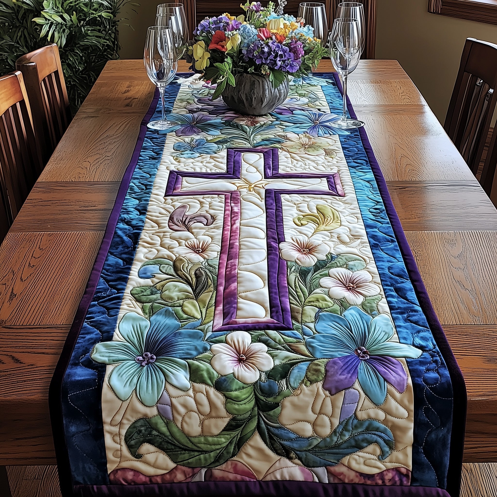 Easter Serenity Quilted Table Runner Elegant Dining Table Runner Religious Easter Gifts