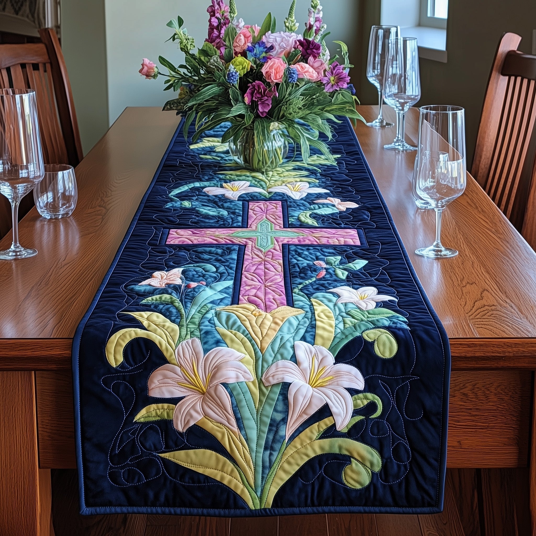Easter Serenity Quilted Table Runner Long Dining Table Runner Happy Easter Gift Ideas