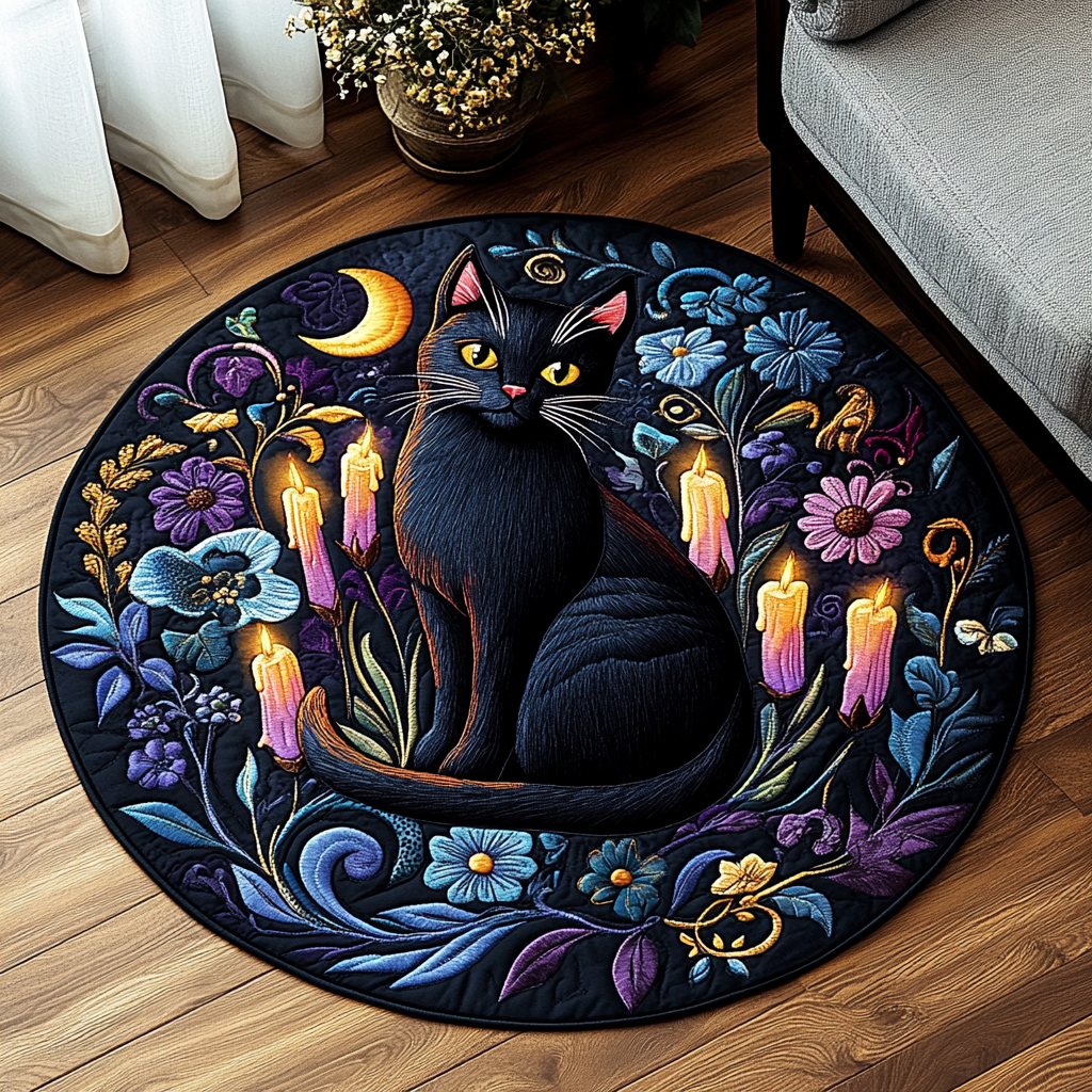 Eclipse Elegance Quilted Round Mat Round Rug Carpet Black Cat Gift Items