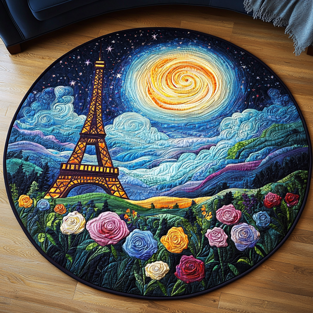 Eiffel Glow Quilted Round Mat Round Small Rugs Mothers Day Gift Suggestions