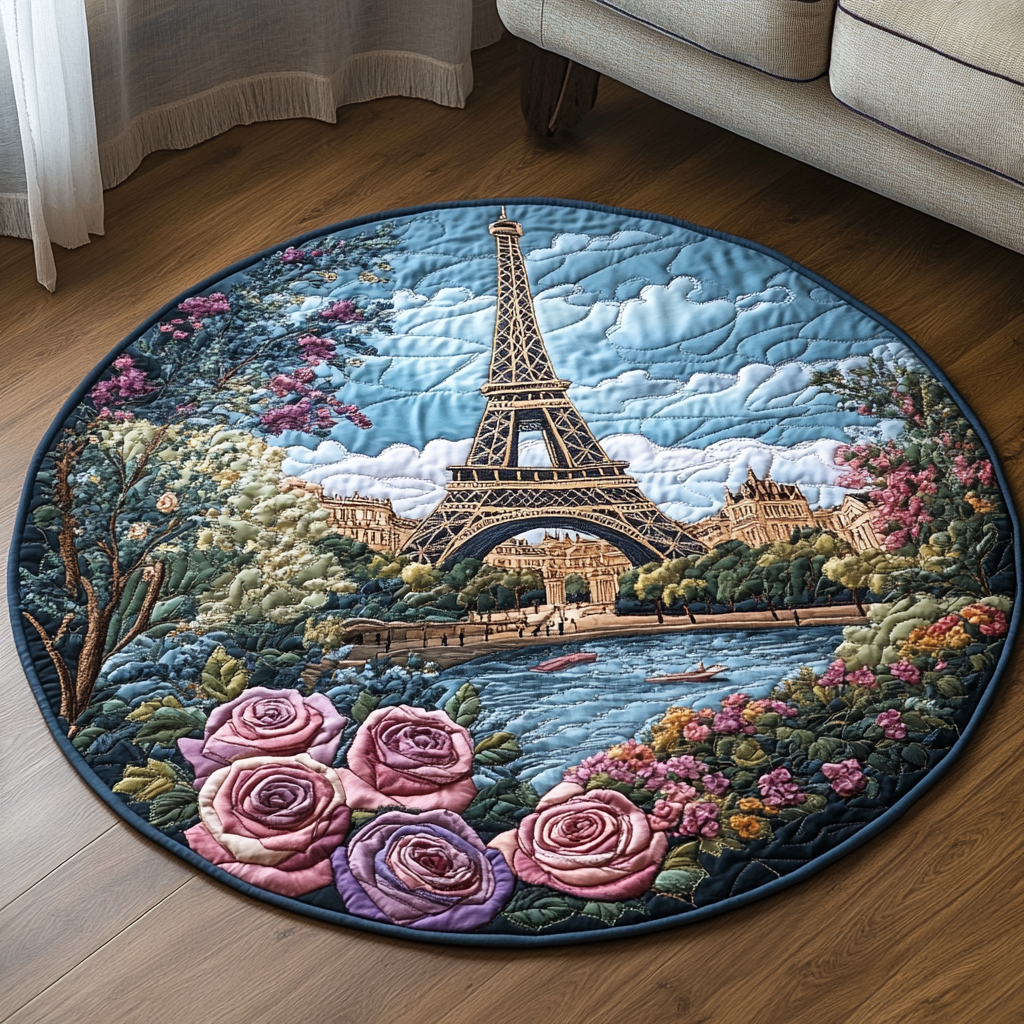 Eiffel Tower Love Quilted Round Mat Circle Rugs Large Mothers Day Presents