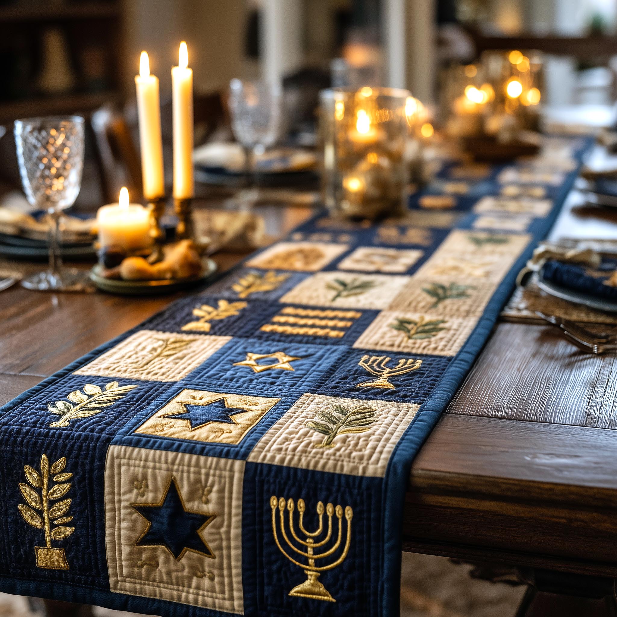 Eight Lights Quilted Table Runner Dining Room Table Decor Hanukkah Gifts For Boyfriend