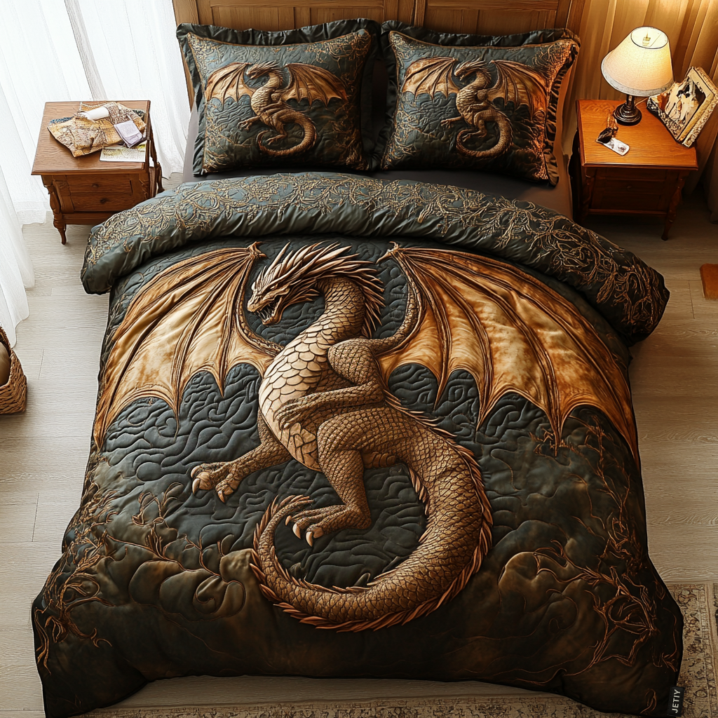 Eldritch Ember Quilted Bedding Set Cute Bedroom Decor Dragon Gifts For Her