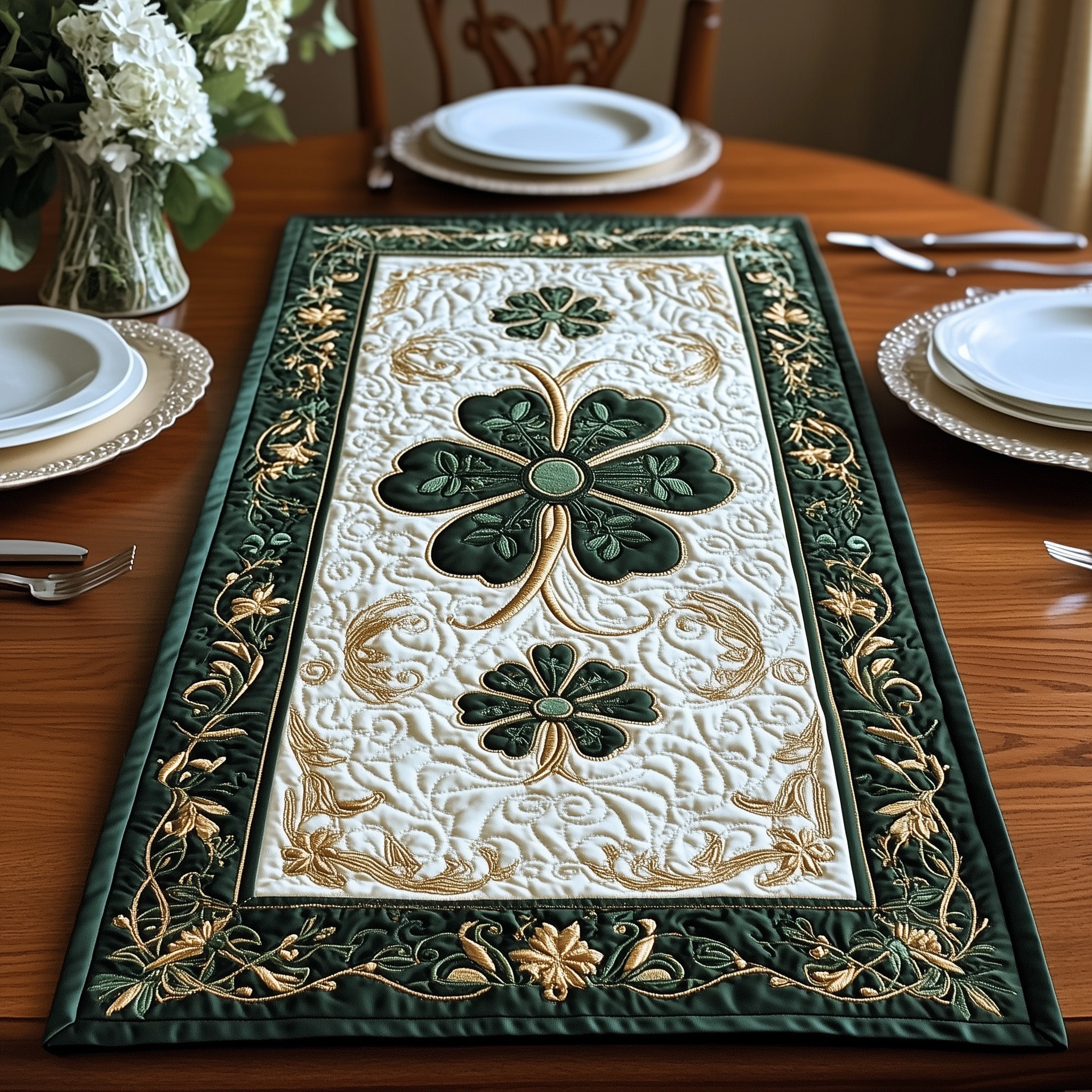 Elegance Celtic Shamrock Quilted Table Runner Dining Room Centerpieces Tree Of Life Gift Items