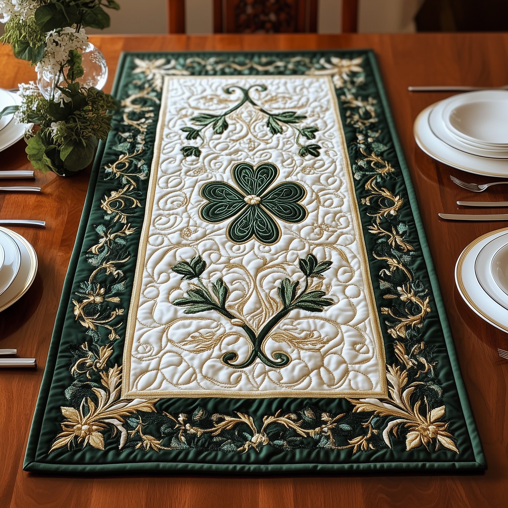 Elegance Irish Shamrock Quilted Table Runner Dining Room Table Decor Tree Of Life Themed Gifts
