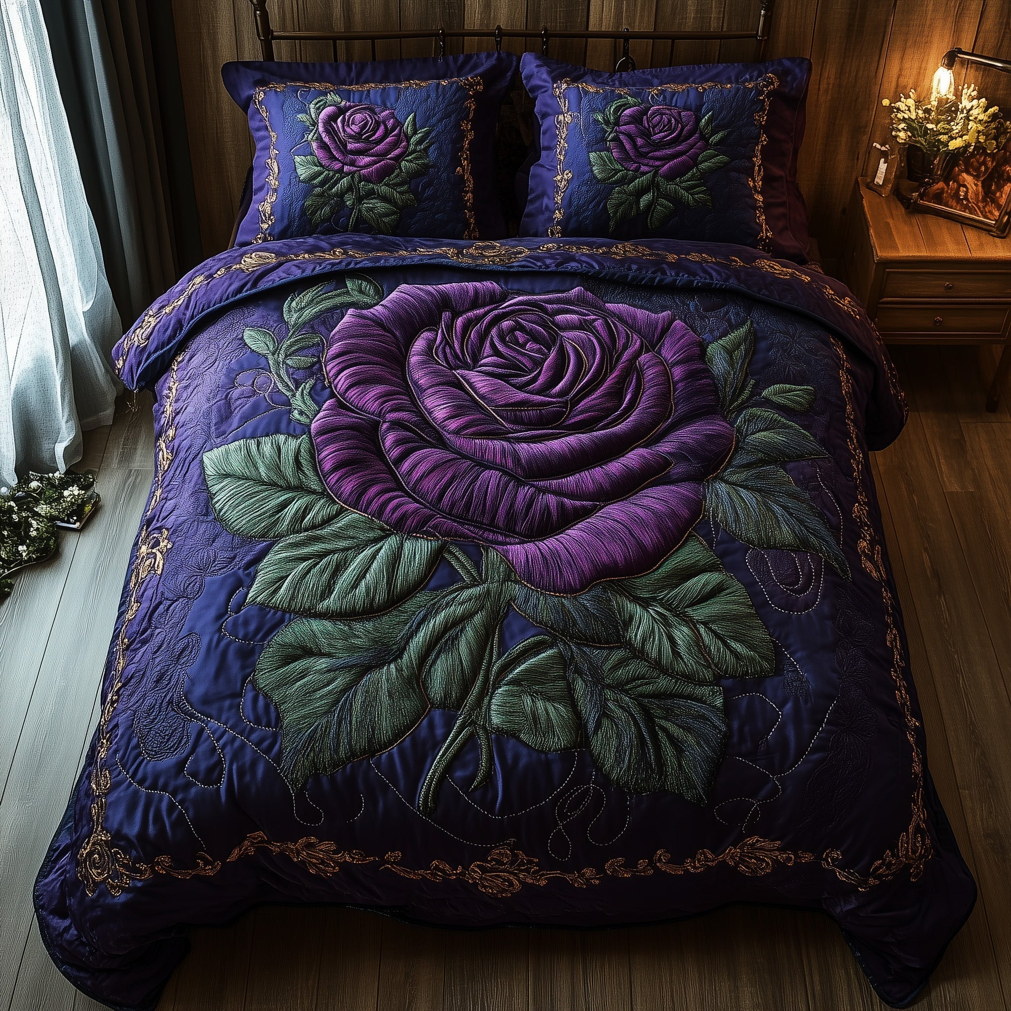 Elegance Rose Quilted Bedding Set Bed Room Art Nice Gifts For Mom