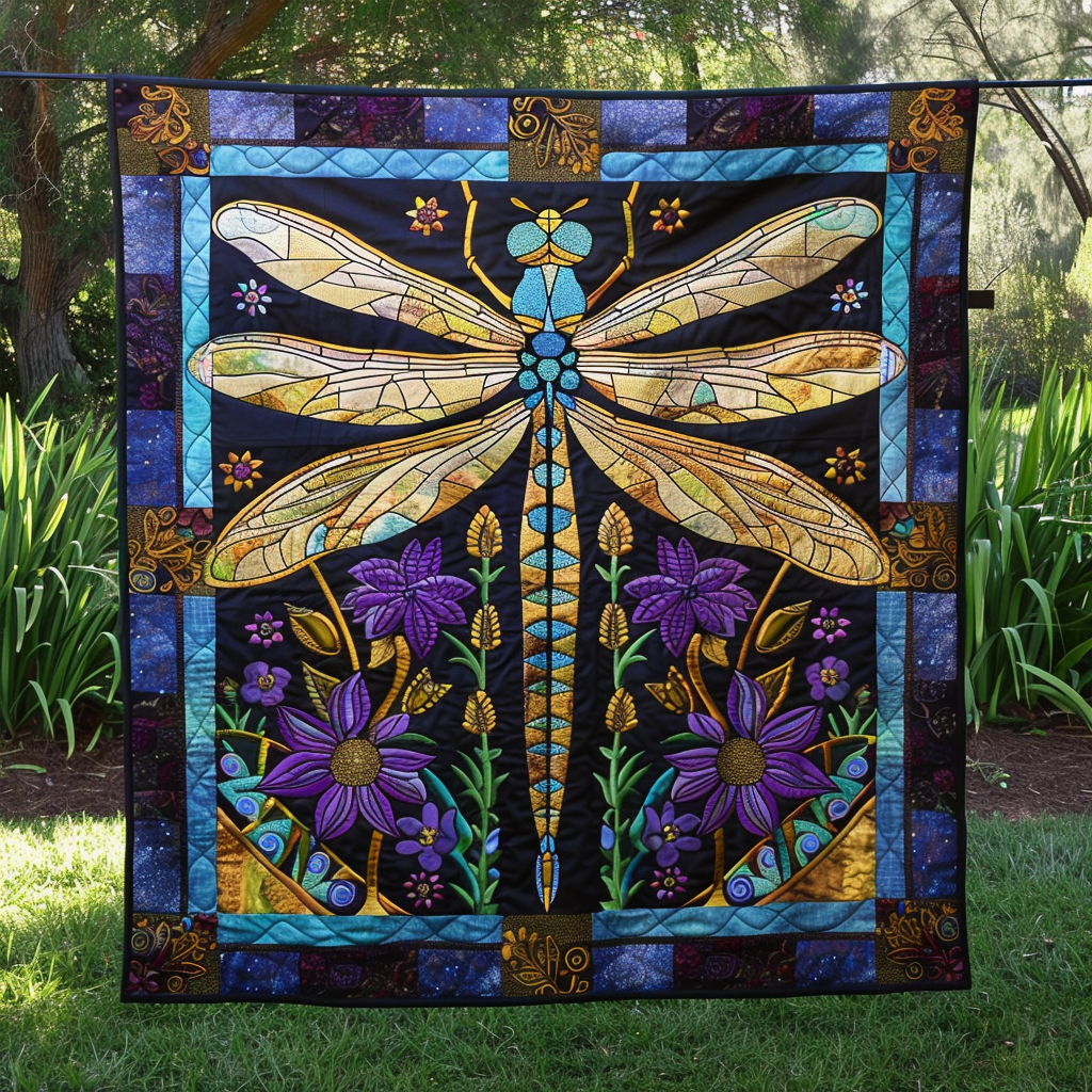 Elegant Azure Glow Dragonfly Quilted Blanket Aesthetic Room Decor Cool Gifts For Dragonfly Lovers