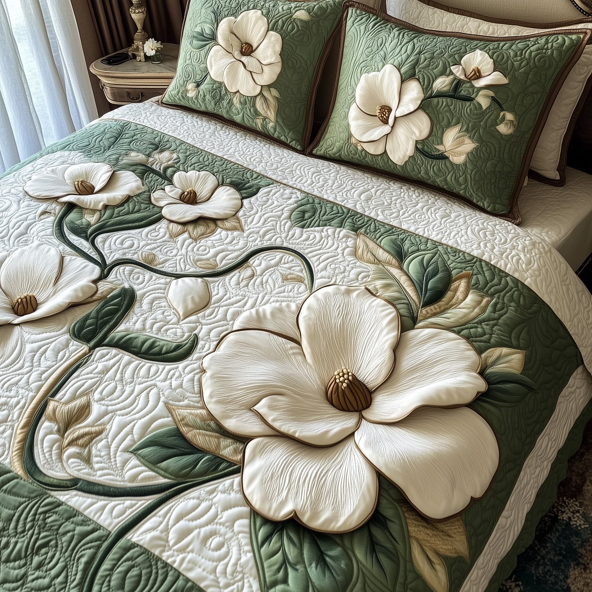 Elegant Blooming Magnolia Quilted Bedding Set Best King Bedding Sets Mothers Day Gift For Sister