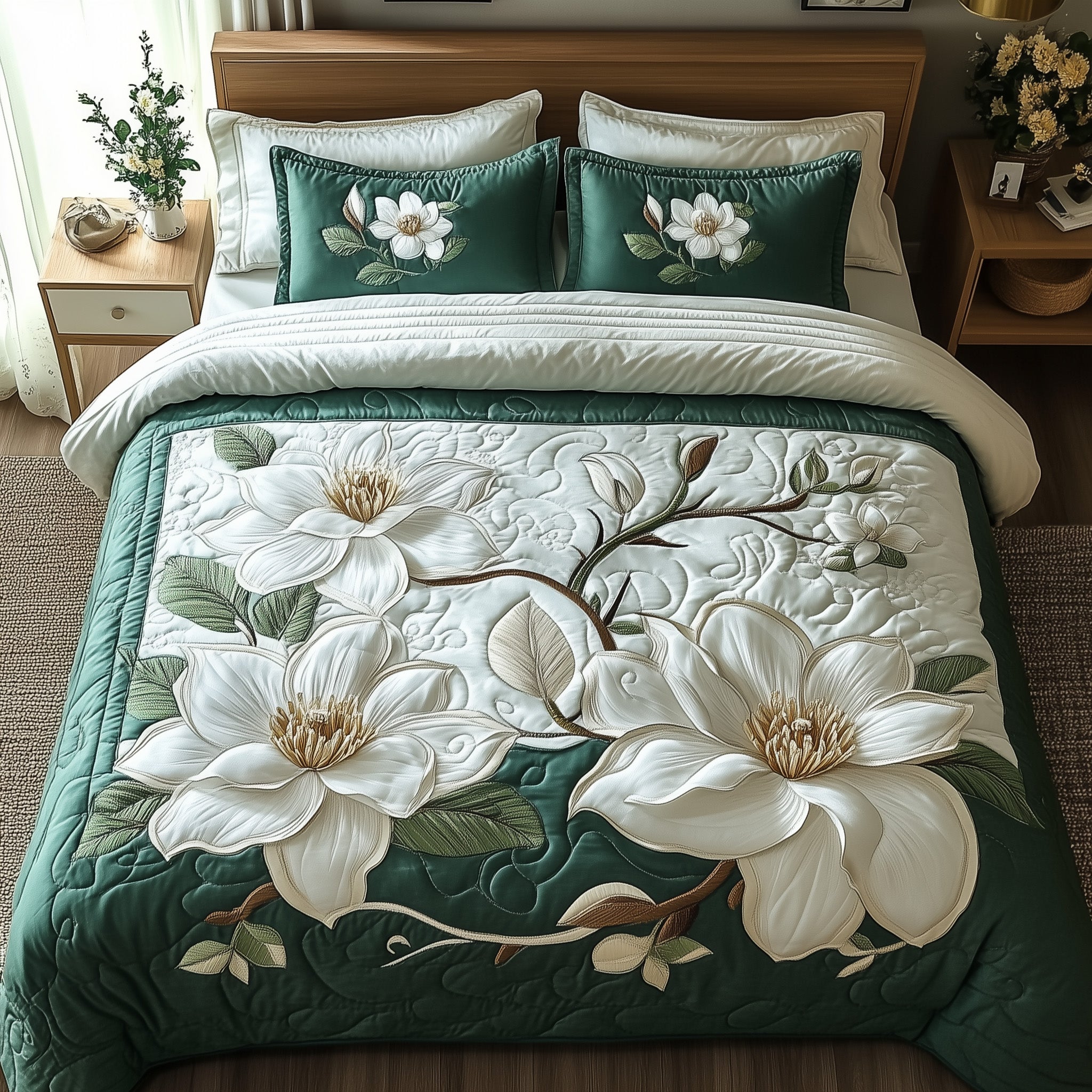 Elegant Blooming Magnolia Quilted Bedding Set Unique Sheet Sets Cute Gifts For Mom