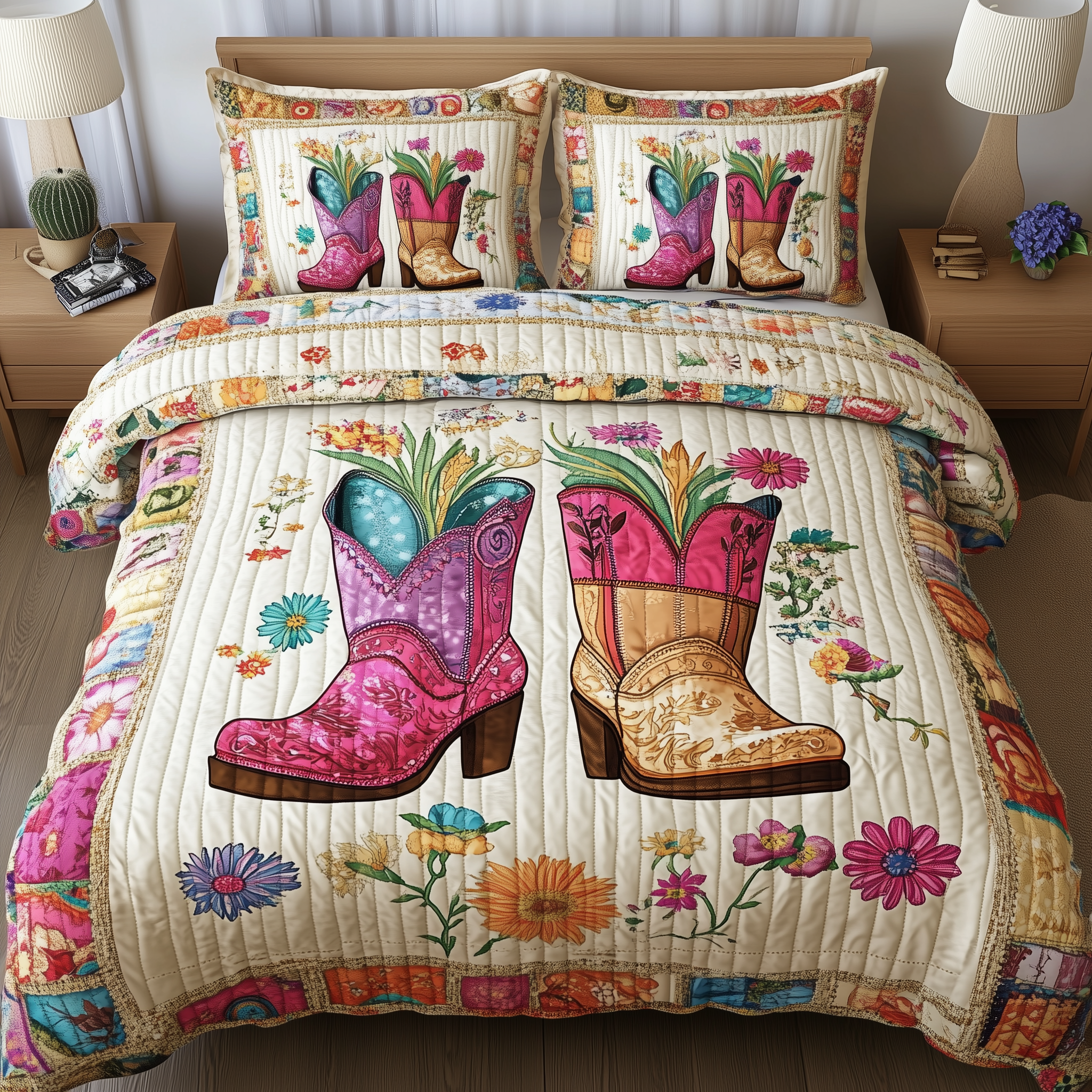 Elegant Cowboy Boot Quilted Bedding Set Comforter Sets Queen Cowboy Theme Gifts