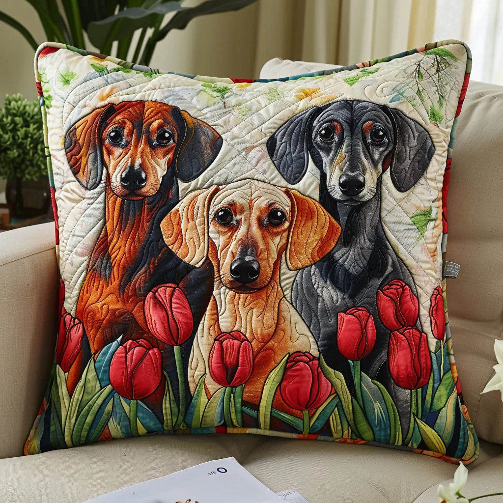 Elegant Dachshunds Amidst Crimson Tulips Quilted Pillow Case Couch Pillow Cover Gifts For Her