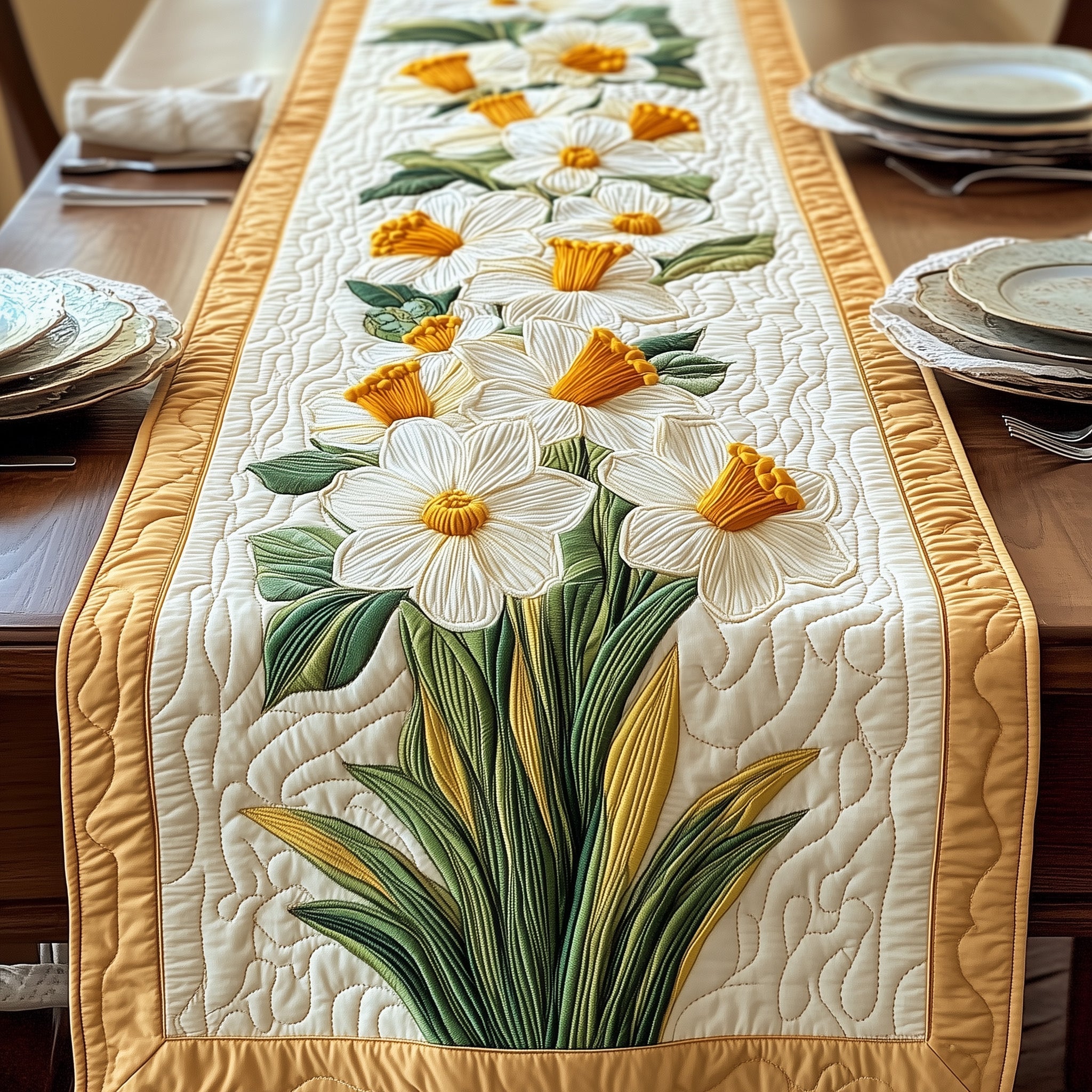 Elegant Daffodil Quilted Table Runner Dining Room Table Centerpieces Cute Gifts For Mom