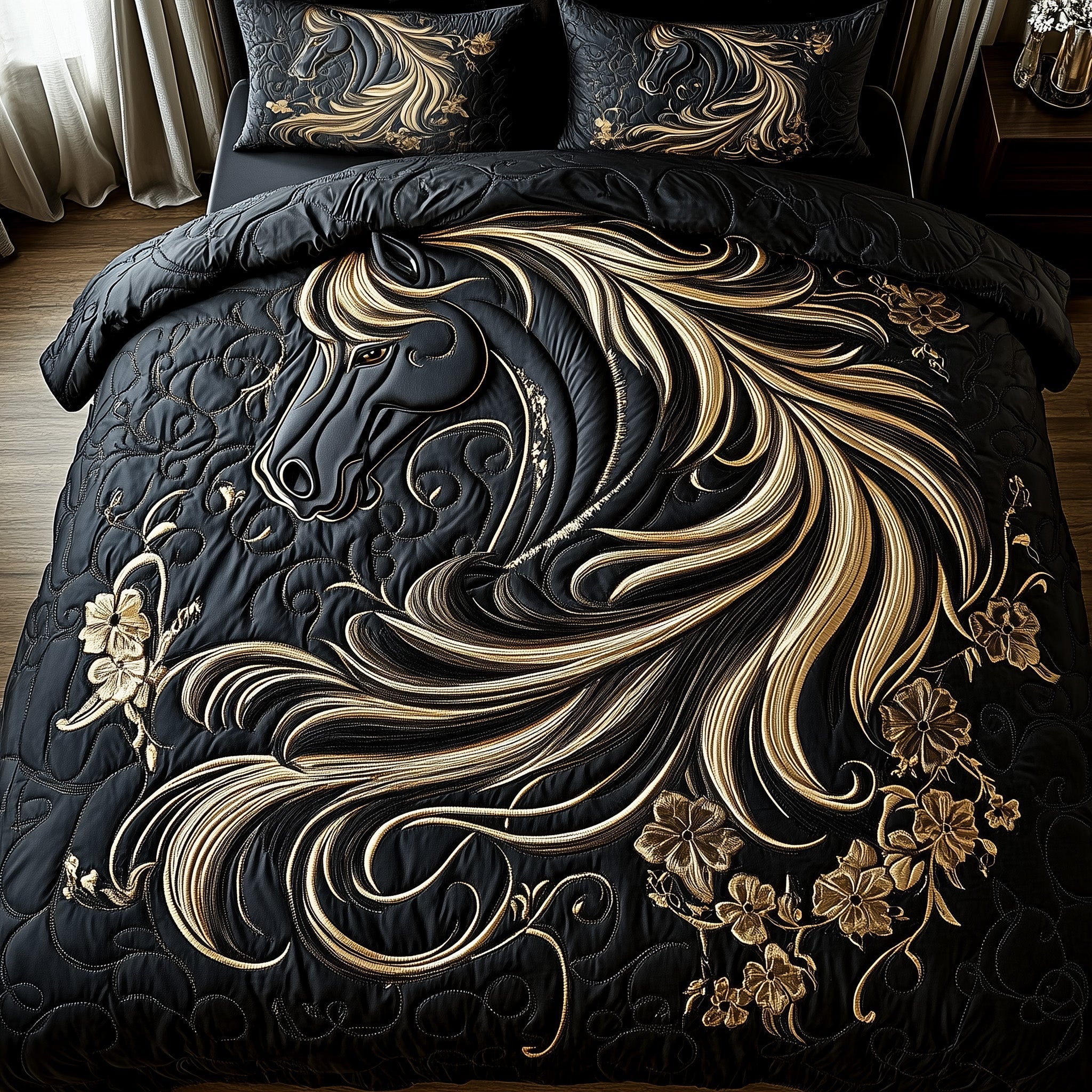 Elegant Dark Horse Quilted Bedding Set Best King Sheets Gifts For Young Horse Riders