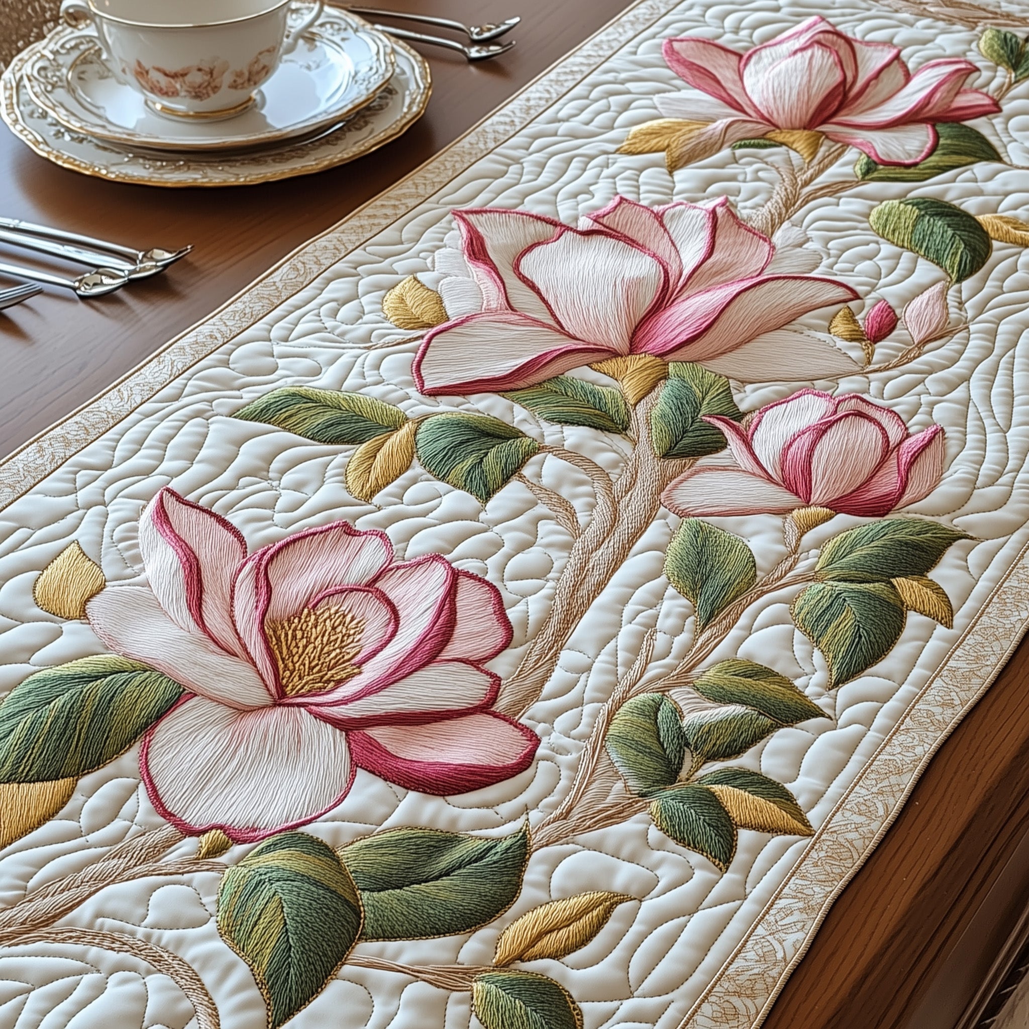 Elegant Magnolia Quilted Table Runner Long Dining Table Runner Nice Mother's Day Gifts