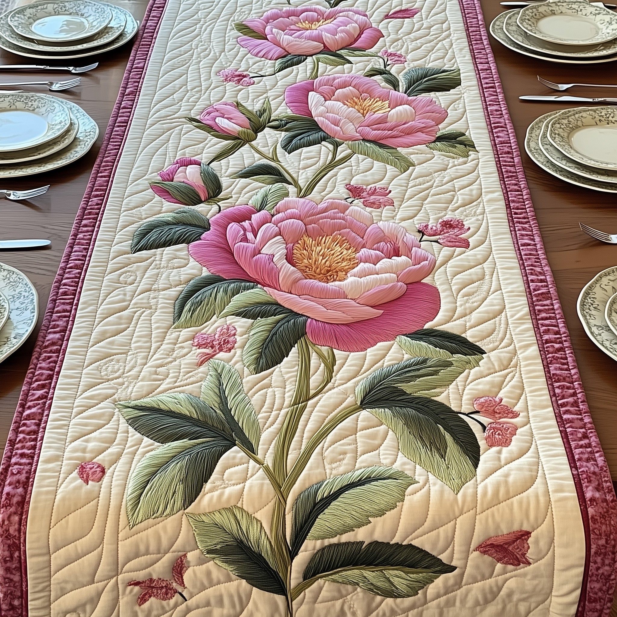 Elegant Peony Quilted Table Runner Dining Room Table Decor Mothers Day Ideas