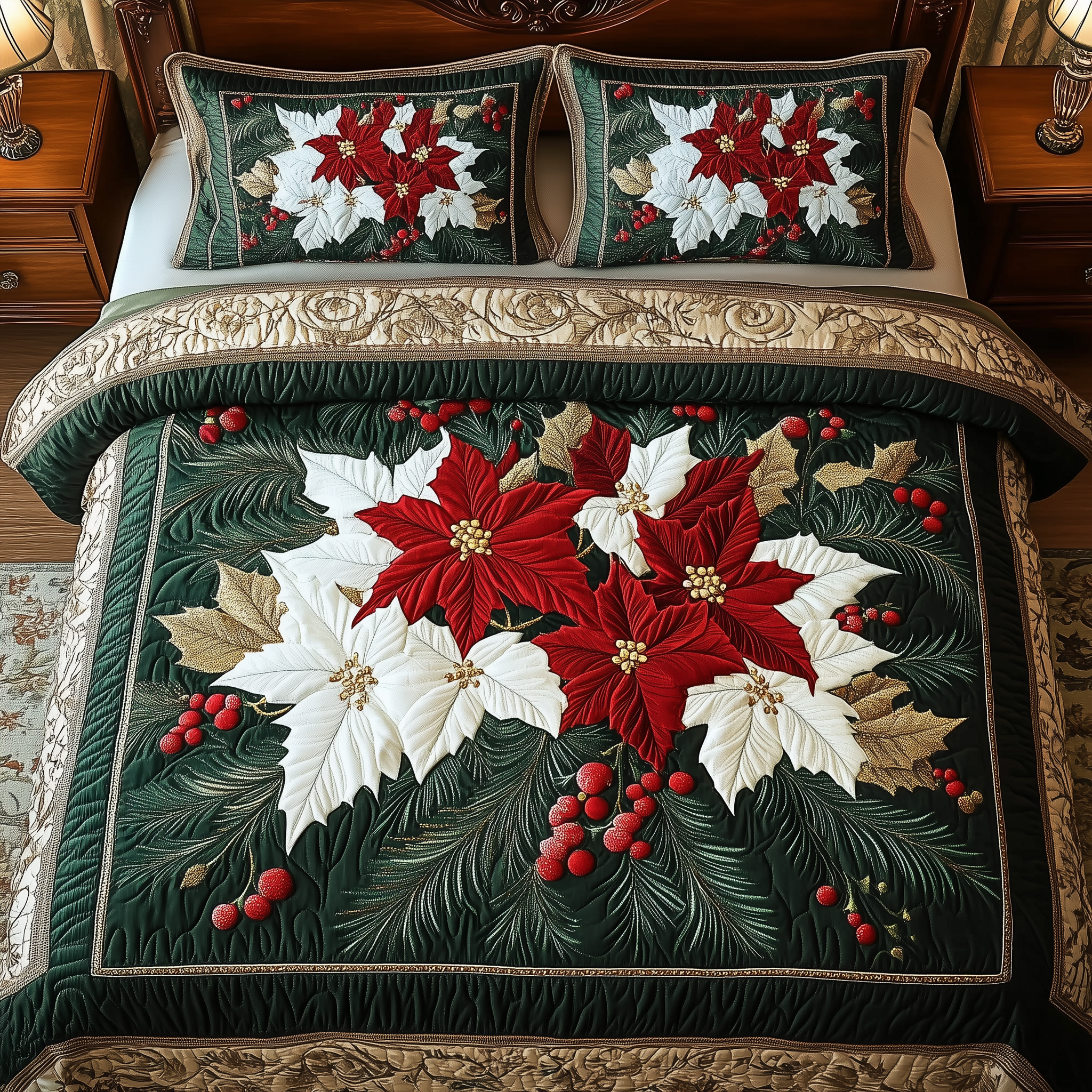 Elegant Poinsettias Quilted Bedding Set Xmas Room Decorations Christmas Gift Ideas For Men
