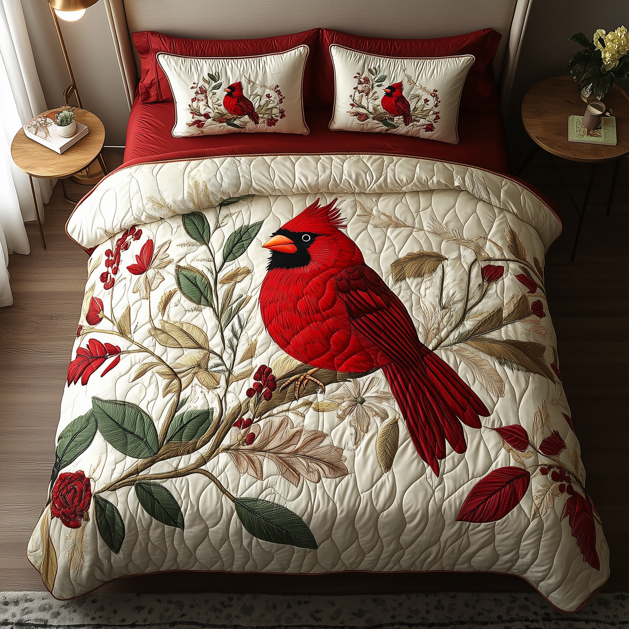 Elegant Red Cardinal Quilted Bedding Set Bedspread Quilts Dinosaur Gift Ideas