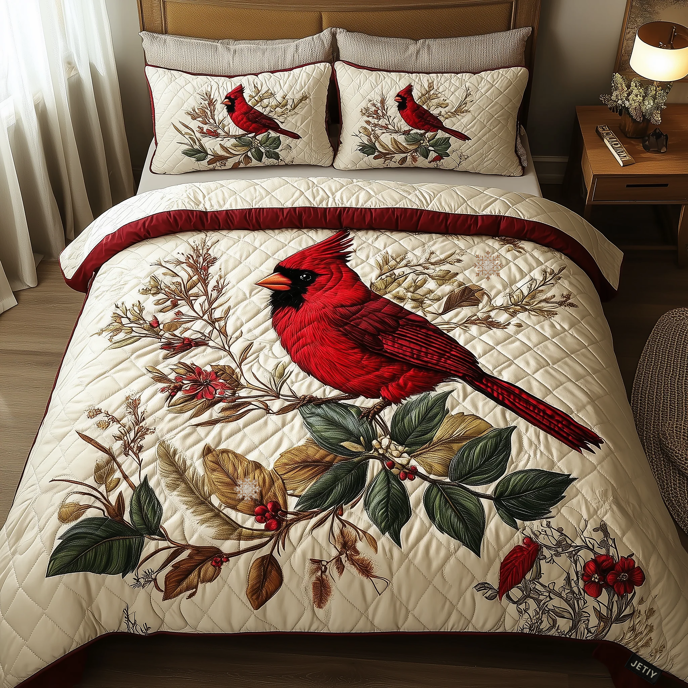 Elegant Red Cardinal Quilted Bedding Set Bedspreads Gifts For Dinosaur Lovers