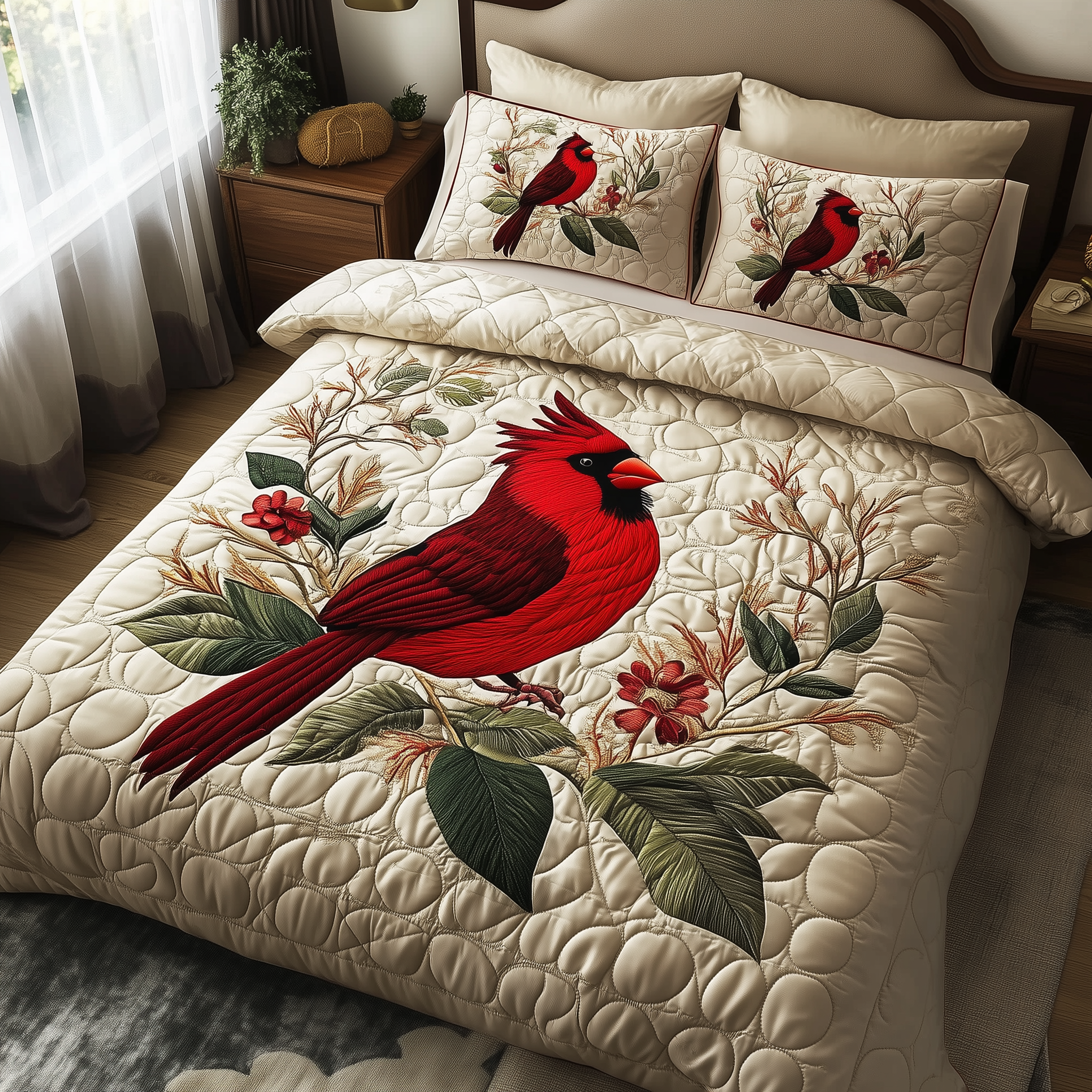 Elegant Red Cardinal Quilted Bedding Set Best Bedding Sets Unique Dinosaur Gifts
