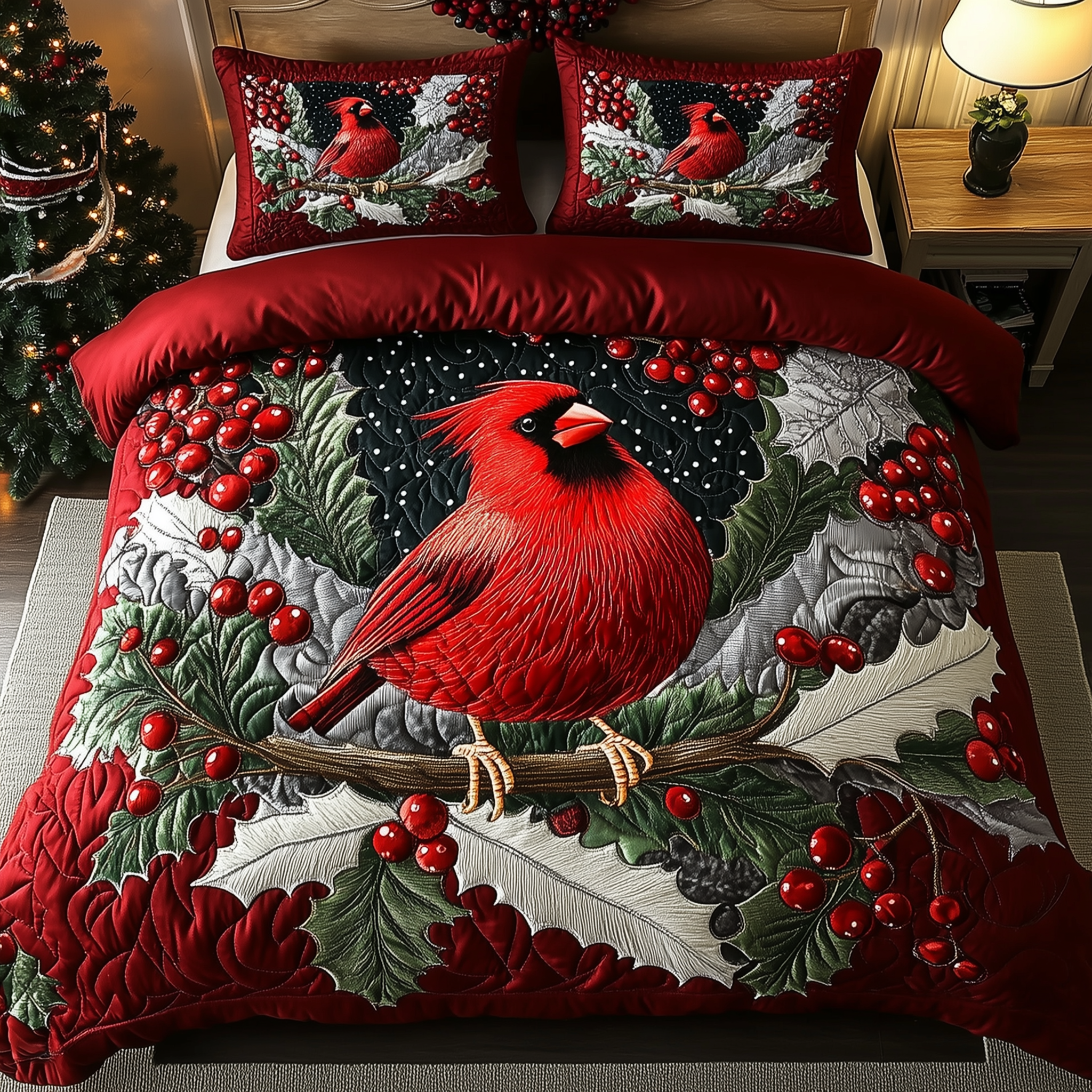 Elegant Snowy Cardinal Quilted Bedding Set Xmas Bedspreads Cardinal Themed Gifts