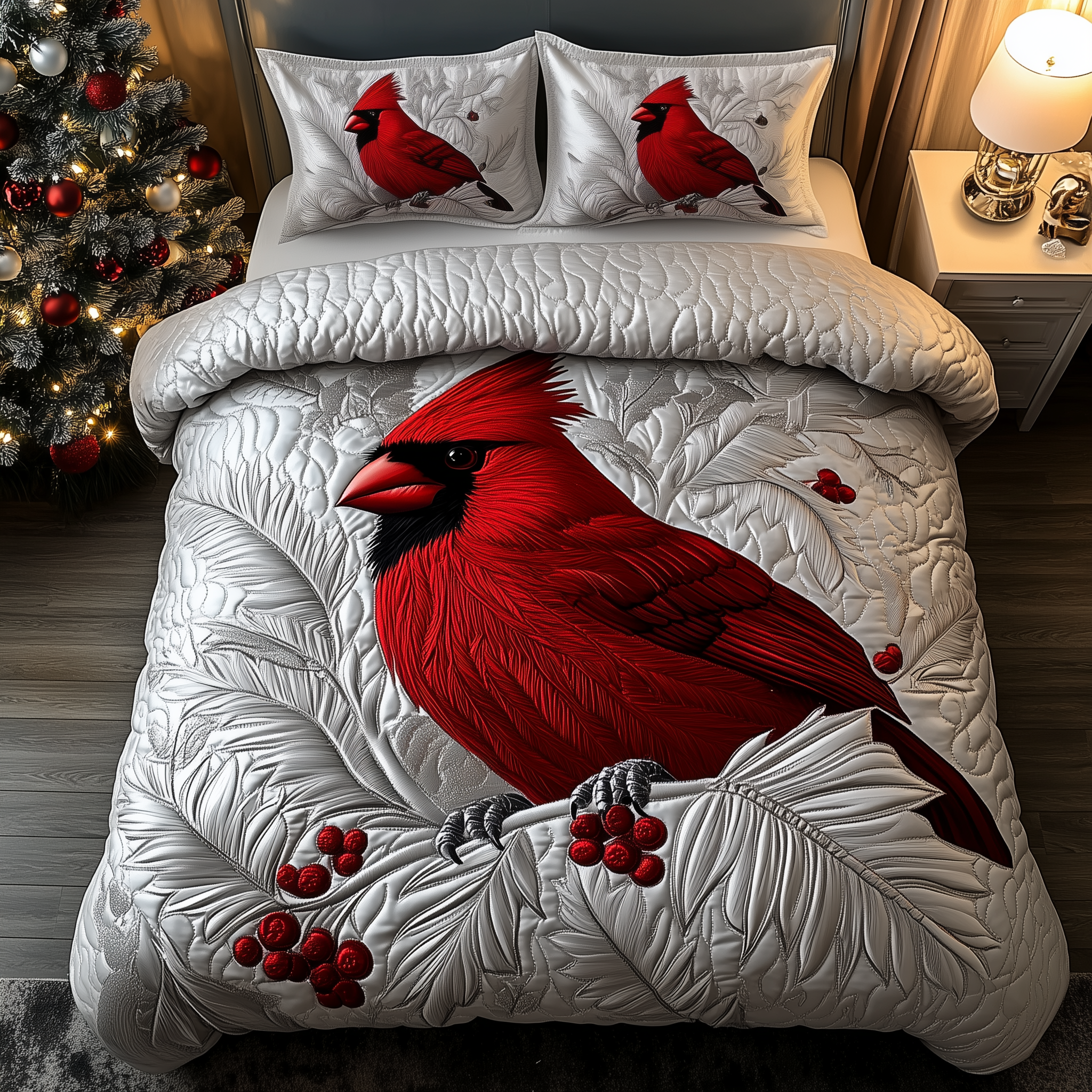 Elegant Snowy Cardinal Quilted Bedding Set Xmas Comforter Sets Cardinal Gifts For Friend